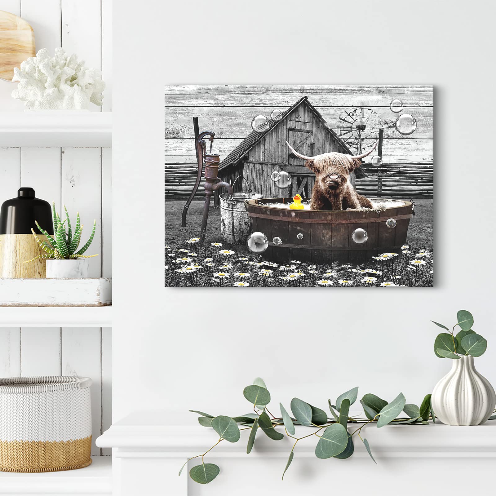 Farmhouse Bathroom Decor Wall Art Funny Highland Cow In Bathtub Pictures Wall Decor Rustic Bathroom Cow Painting For Bathroom To