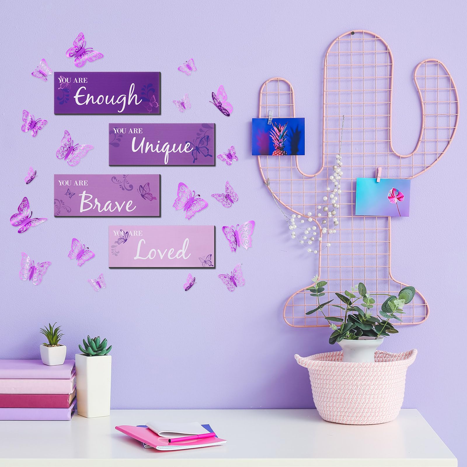 Blulu 4 Pcs Butterfly Inspirational Quotes Wooden Wall Decor and 3D Butterfly Wall Decor Girls Room Inspirational Gift for Teen