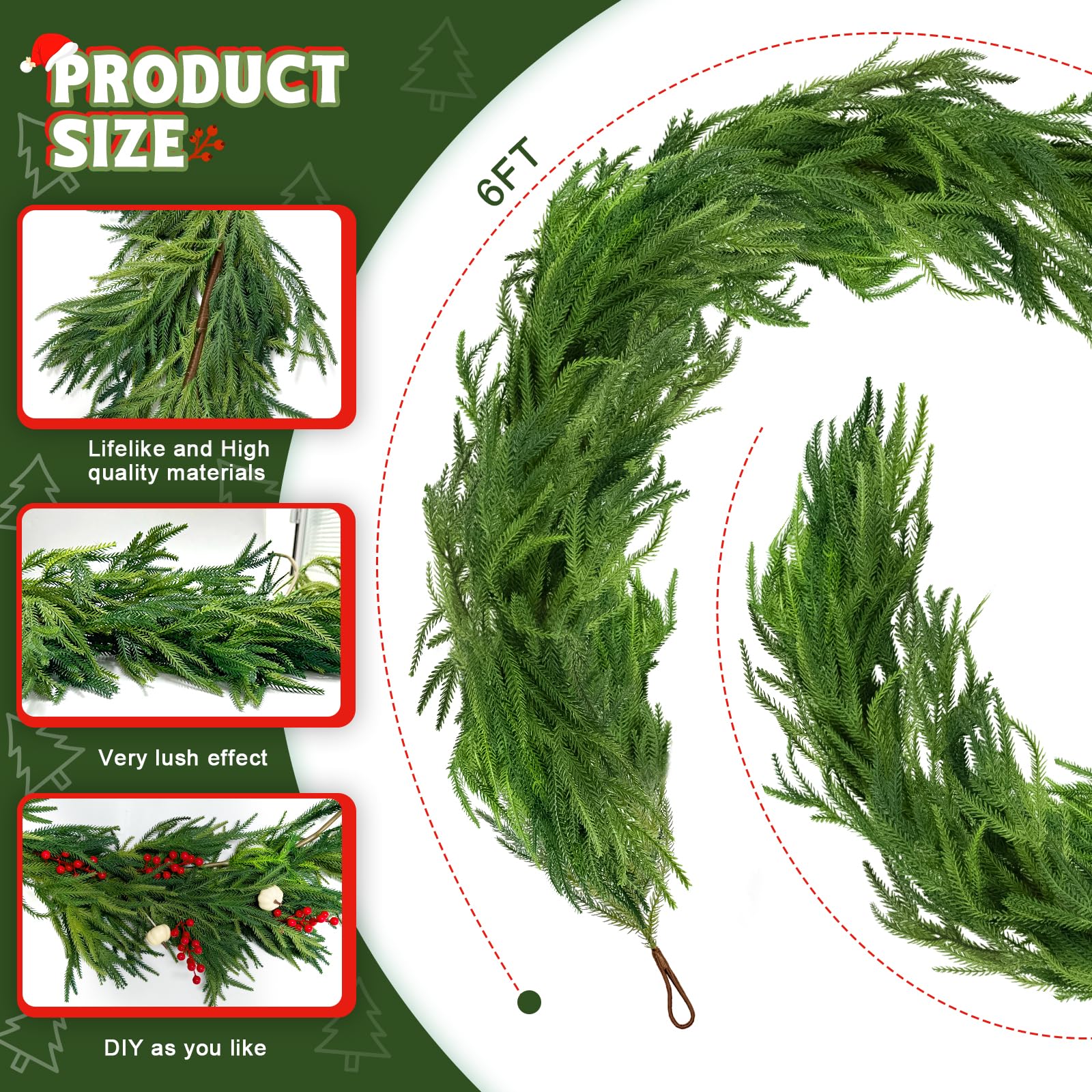 9.8Ft Christmas Norfolk Pine Garland with Berry and Pines,Real Touch Cedar Garland,Pine Garlands for Mantle, Table,Stair Handrai