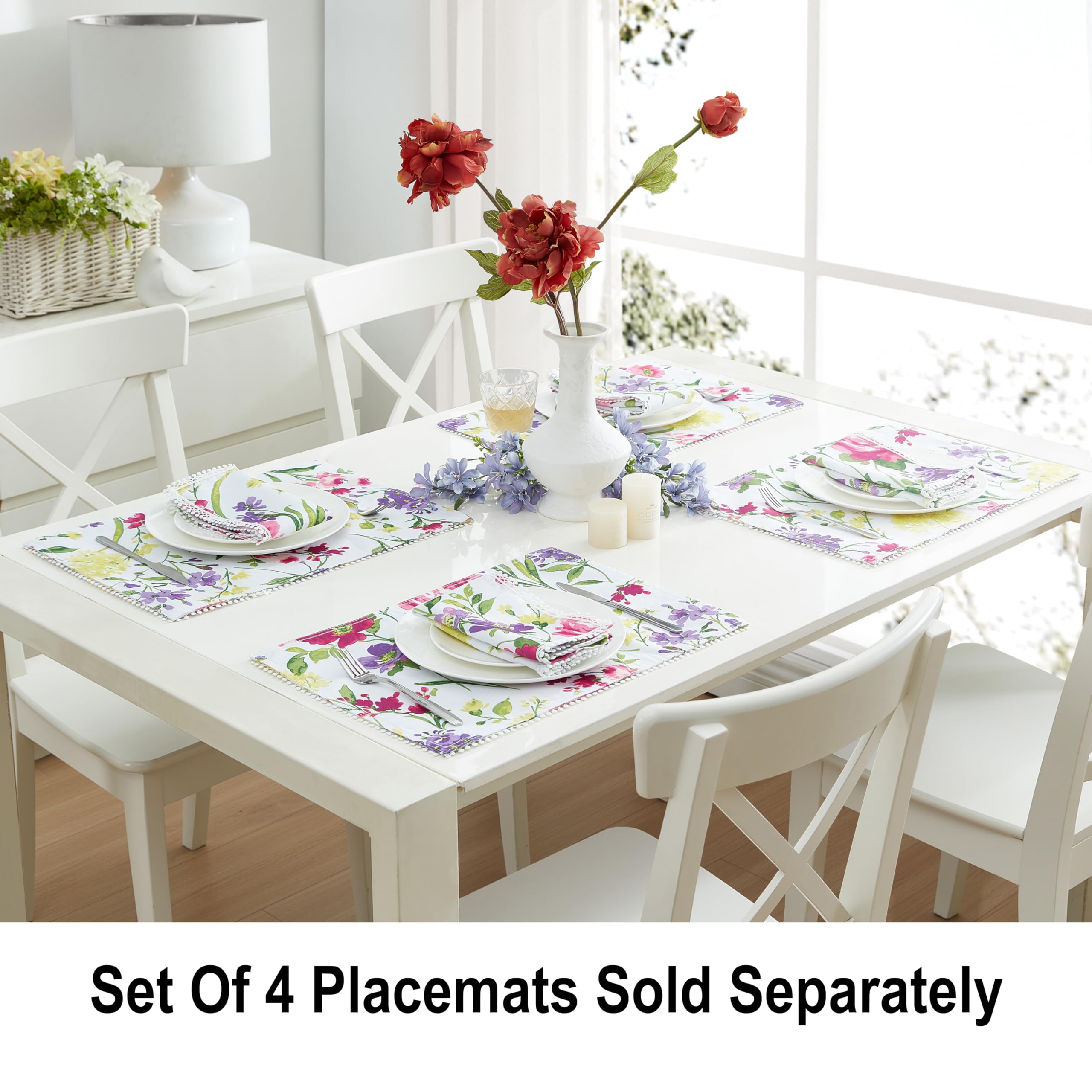 Newbridge Set Of 4 Placemats, 13 X 19 Inch Rectangle, Summer Sophia Pom Pom Fringe, Wrinkle And Stain Resistant Pink And Purple