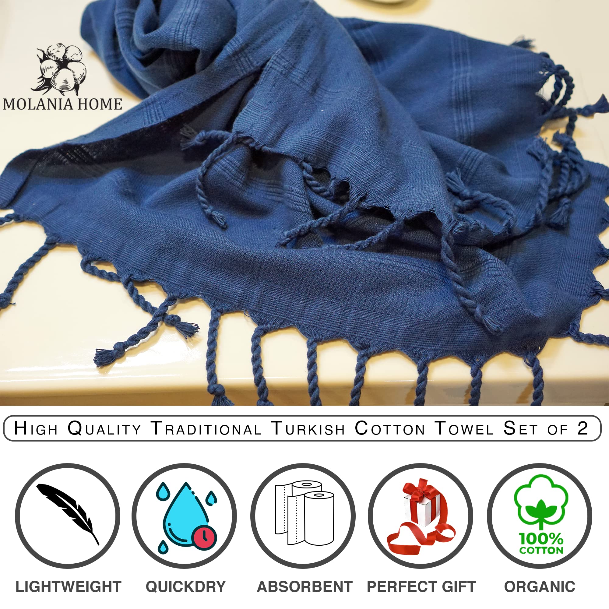 Molania Home Turkish Hand Towel Set Of 2 (16X40) | 100% Organic Cotton Turkish Towels For Bathroom | Decorative Kitchen Hand Tow