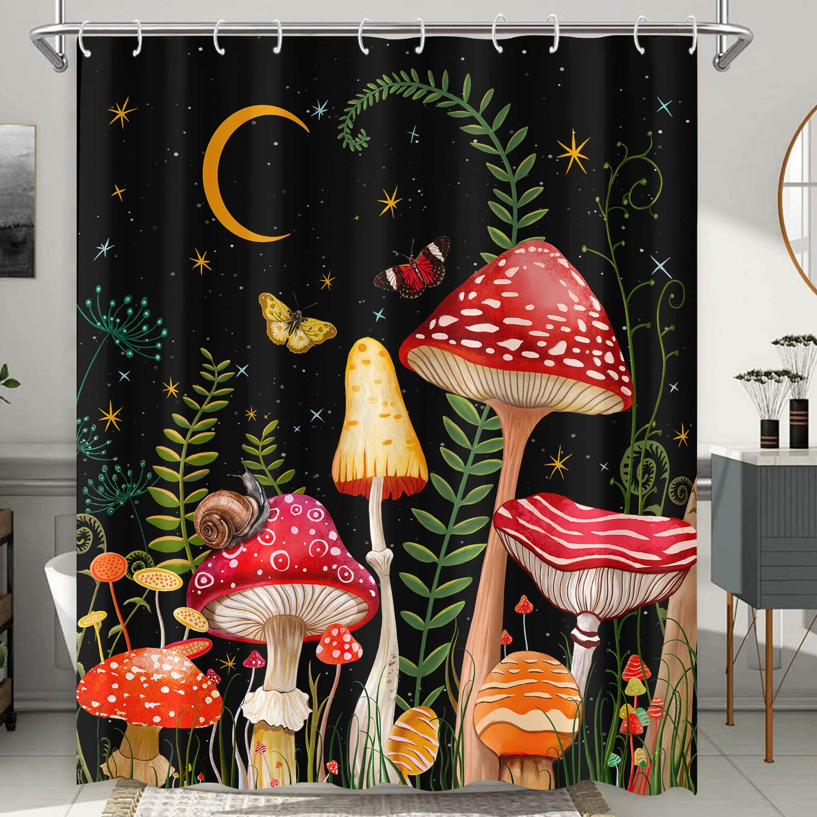 Zussun 84 Inch Extra Long Mushroom Shower Curtain Black And Red Floral Butterfly Waterproof Fabric Bathroom Shower Curtains Aest