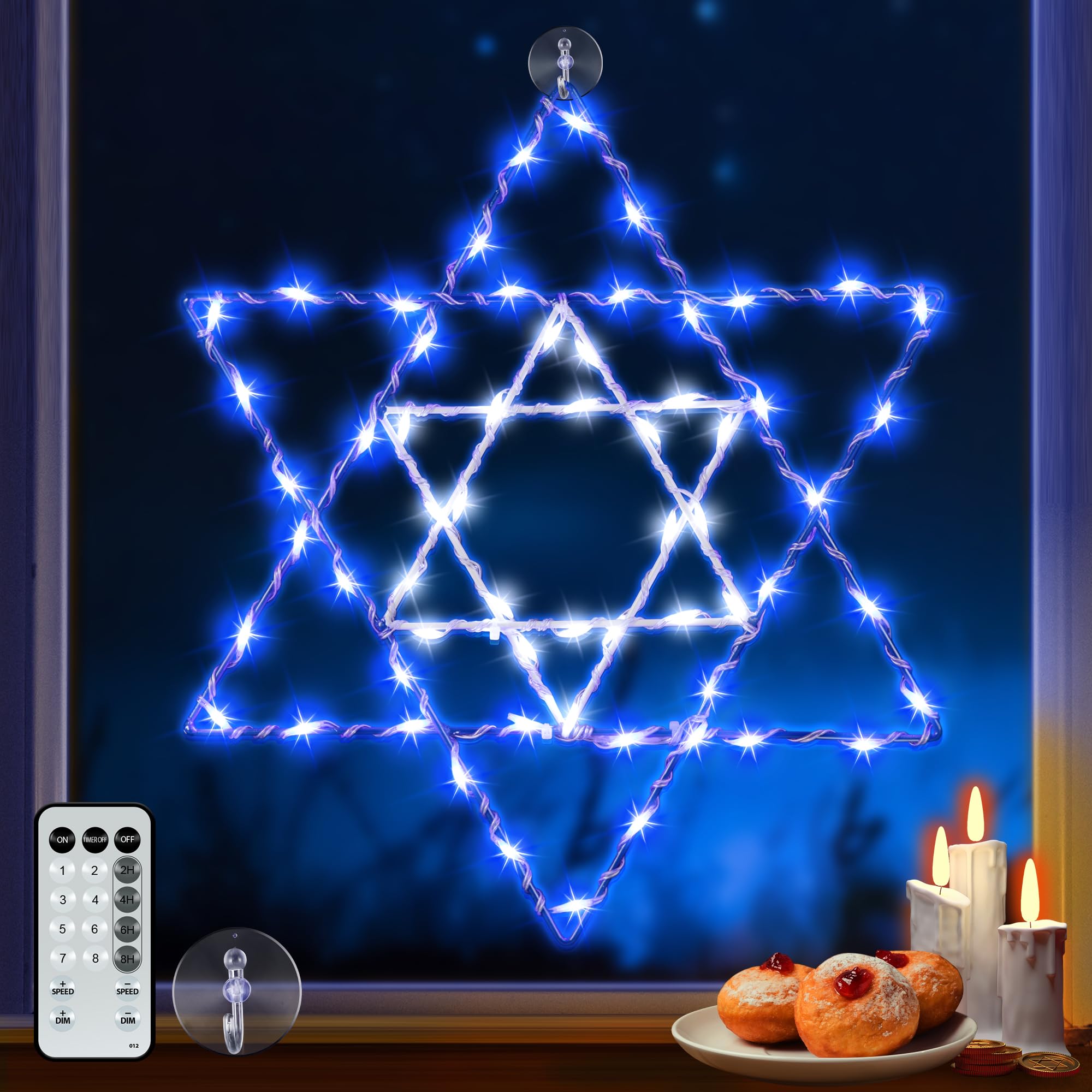 Hiboom Hanukkah Window Lights Decorations, 8 Lighting Modes Star of David Hanukkah Decor 66 LED Blue Chanukah Lights with USB Po