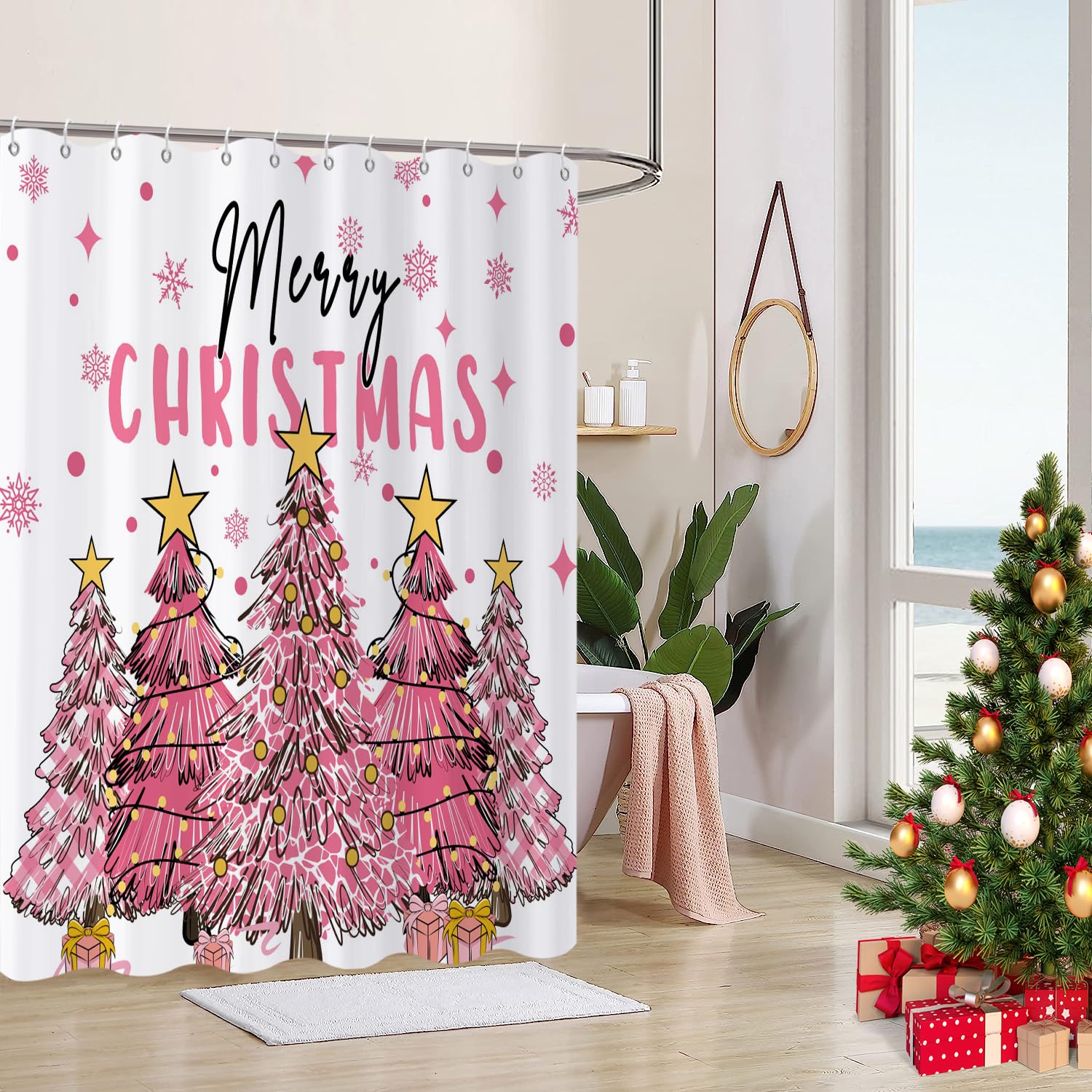Caheansi Merry Christmas Shower Curtain, Pink Buffalo Check Plaid Xmas Tree Winter New Year Holiday Bathroom Curtain Waterproof