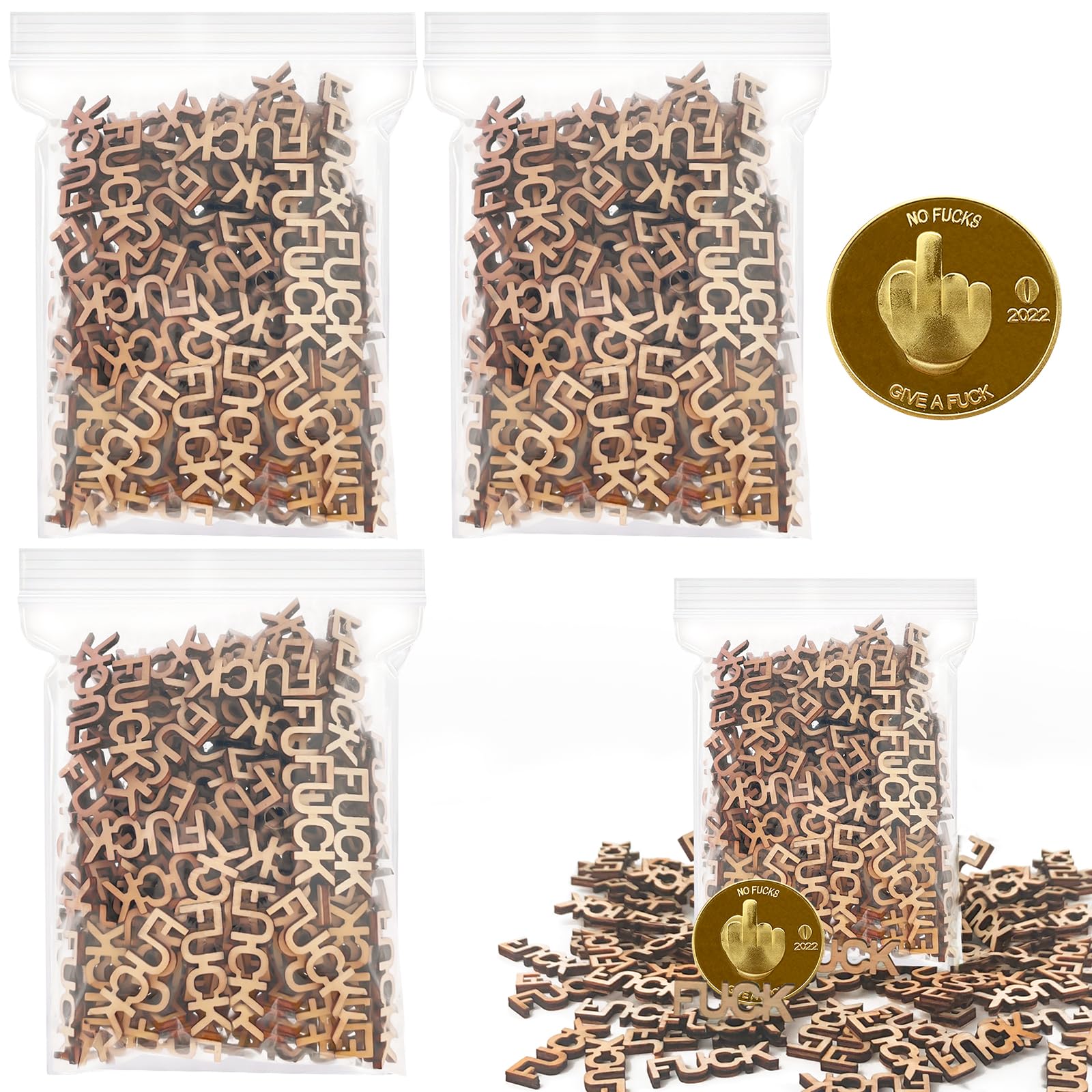 300pcs Fucks to Give-Fuck Wooden Letter Piece & Fuck Gold Coin DIY Jar of Fucks Gift Jar, Funny Gifts for Friends, Birthday Gift