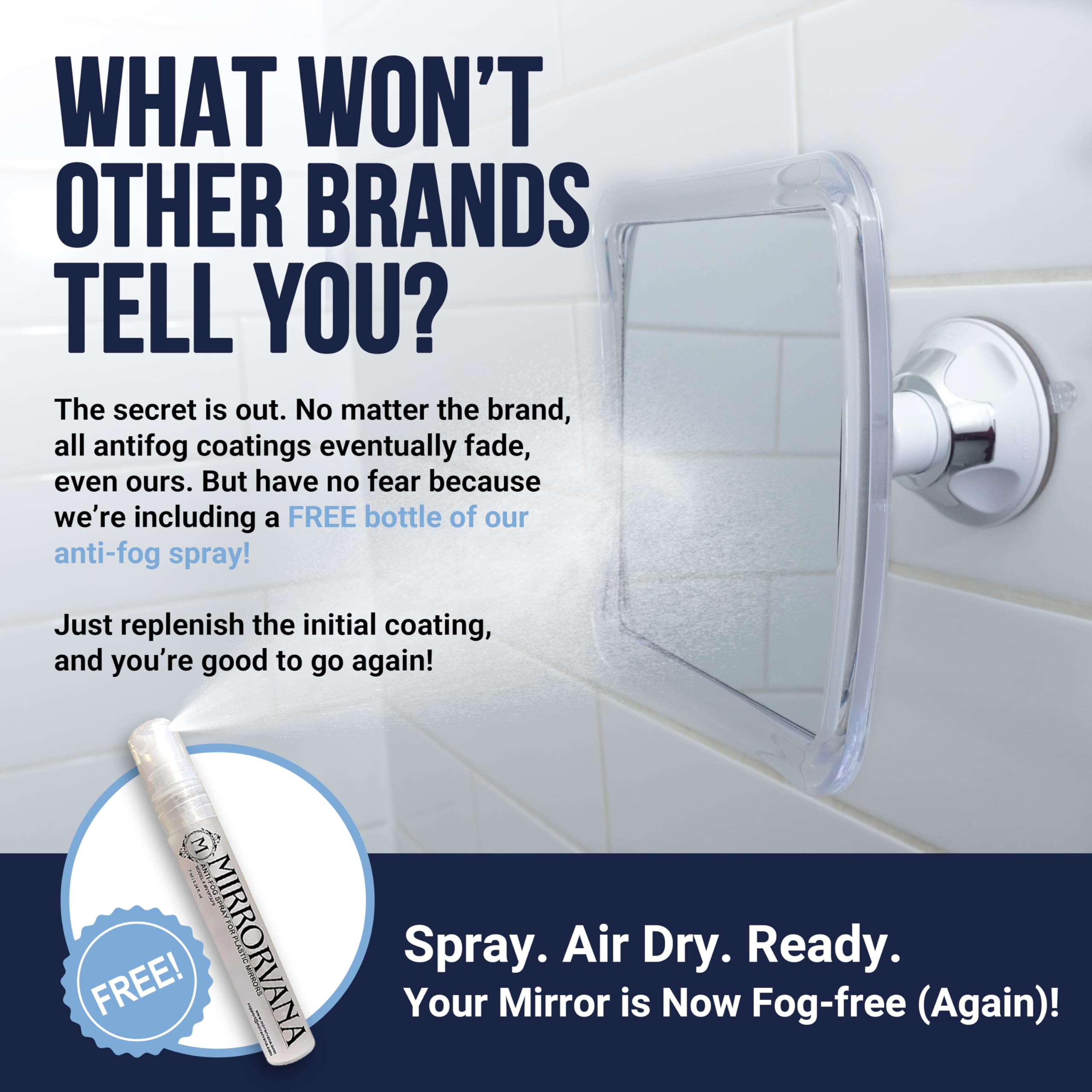 Fogless Shower Mirror for Shaving with Upgraded Suction  Anti Fog Shatterproof Surface and 360 Swivel - Includes Optional Hook Accessory To Transform Suction Mirror Into Hanging Mirror - 6.3'' x 6.3''