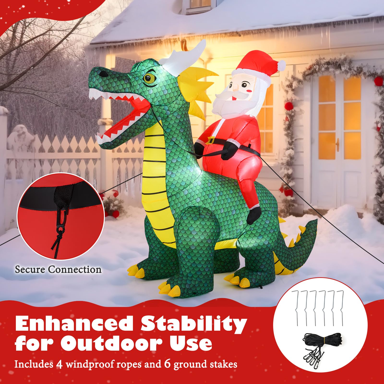 Tangkula 6 FT Christmas Inflatable Santa Claus Ride on Dinosaur, Blow up Indoor/Outdoor Santa Decoration with Built-in LED Light