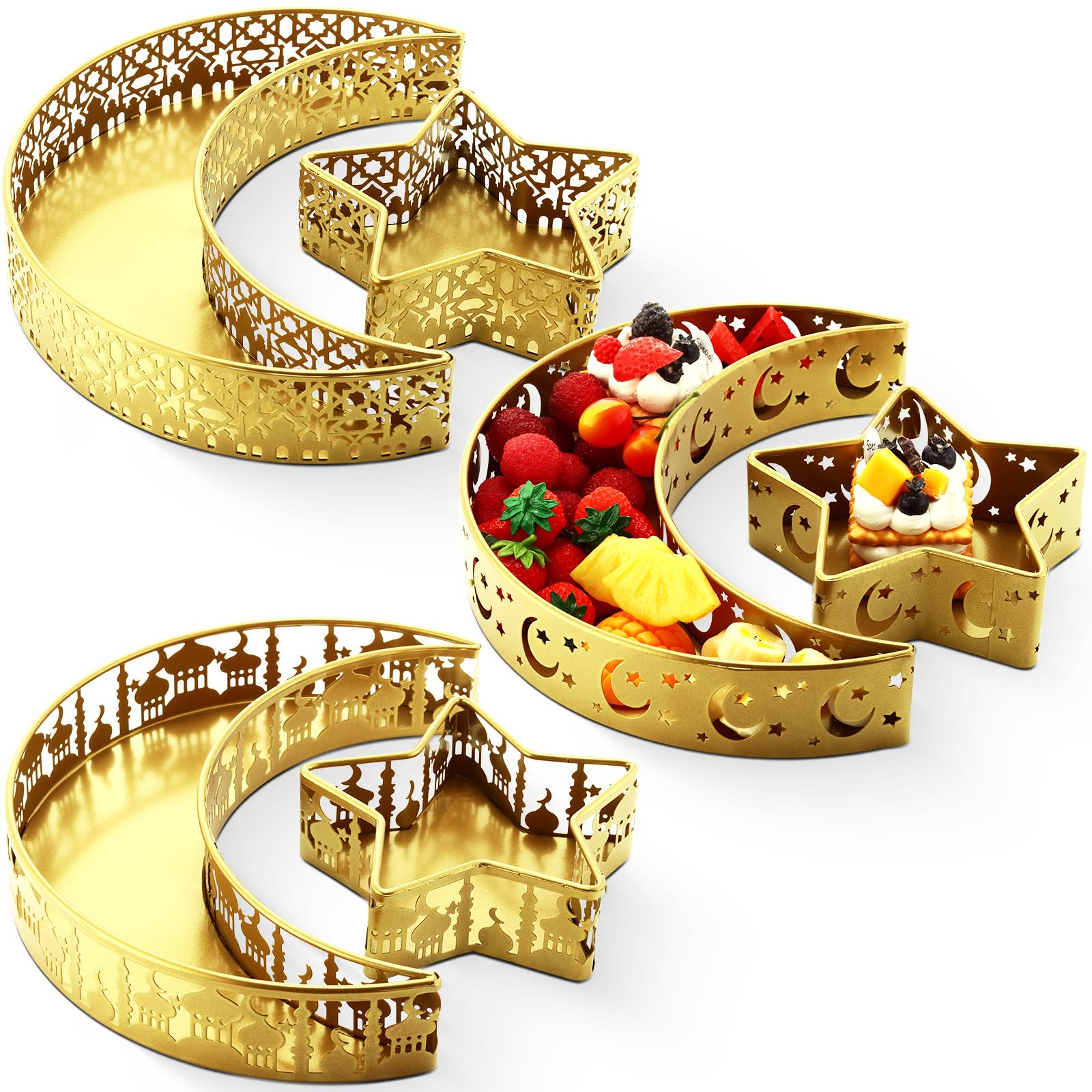 Glikceil 6 Pcs Eid Mubarak Moon And Star Pastry Tray Moon Shape Food Dessert Tray Ramadan Metal Platter For Breakfast Dinner Des