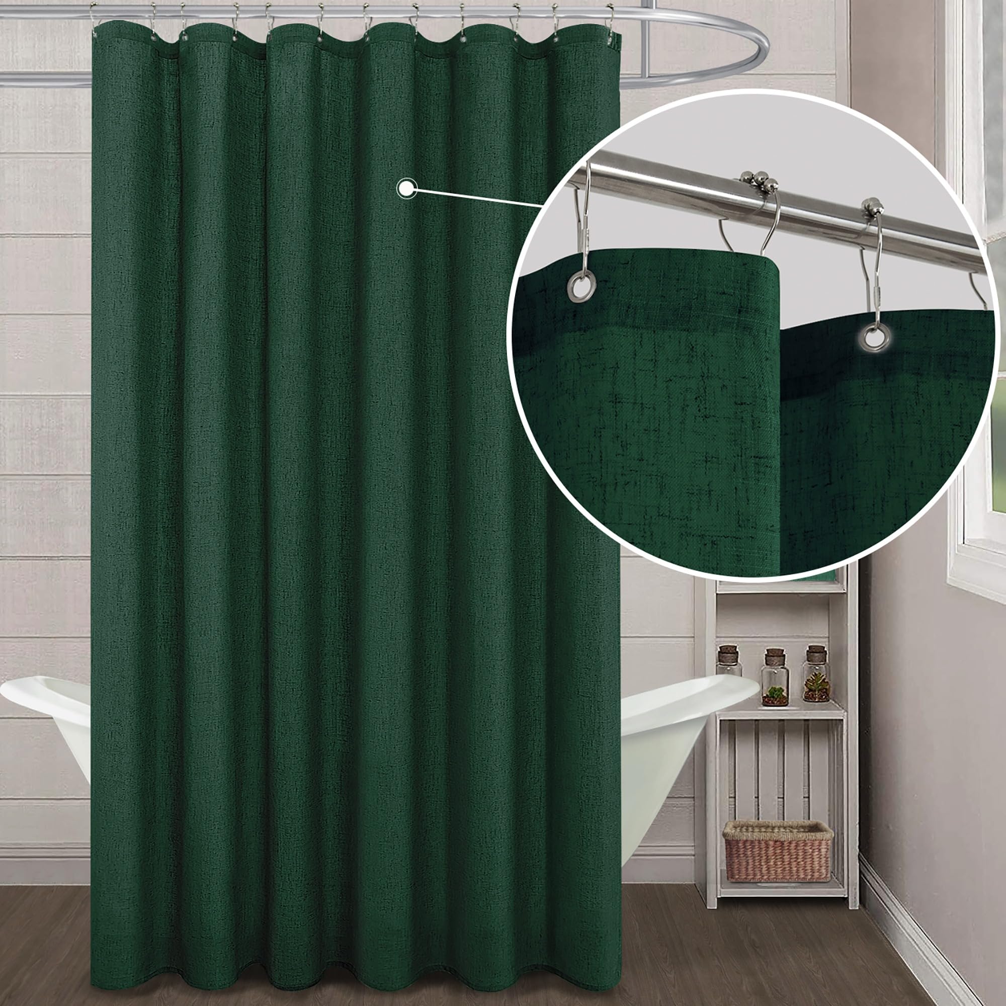 Koufall Hunter Green Shower Curtains For Bathroom Decor,Washbale Linen Fabric Boho Shower Curtain Sets With Hooks,72 X 84 Inch L