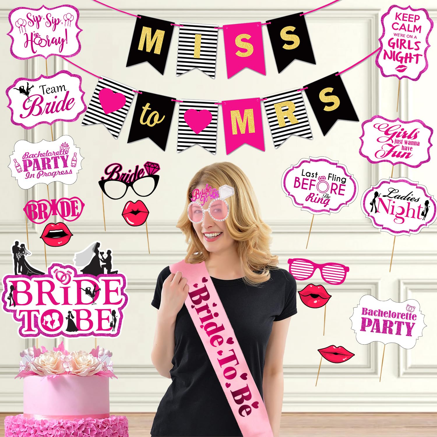 Zyozique Bachelorette Party Decorations Kit  Miss To Mrs Paper Banner, Photo Booth , Eye Glass, Cake Topper & Sash ( Pack Of 19