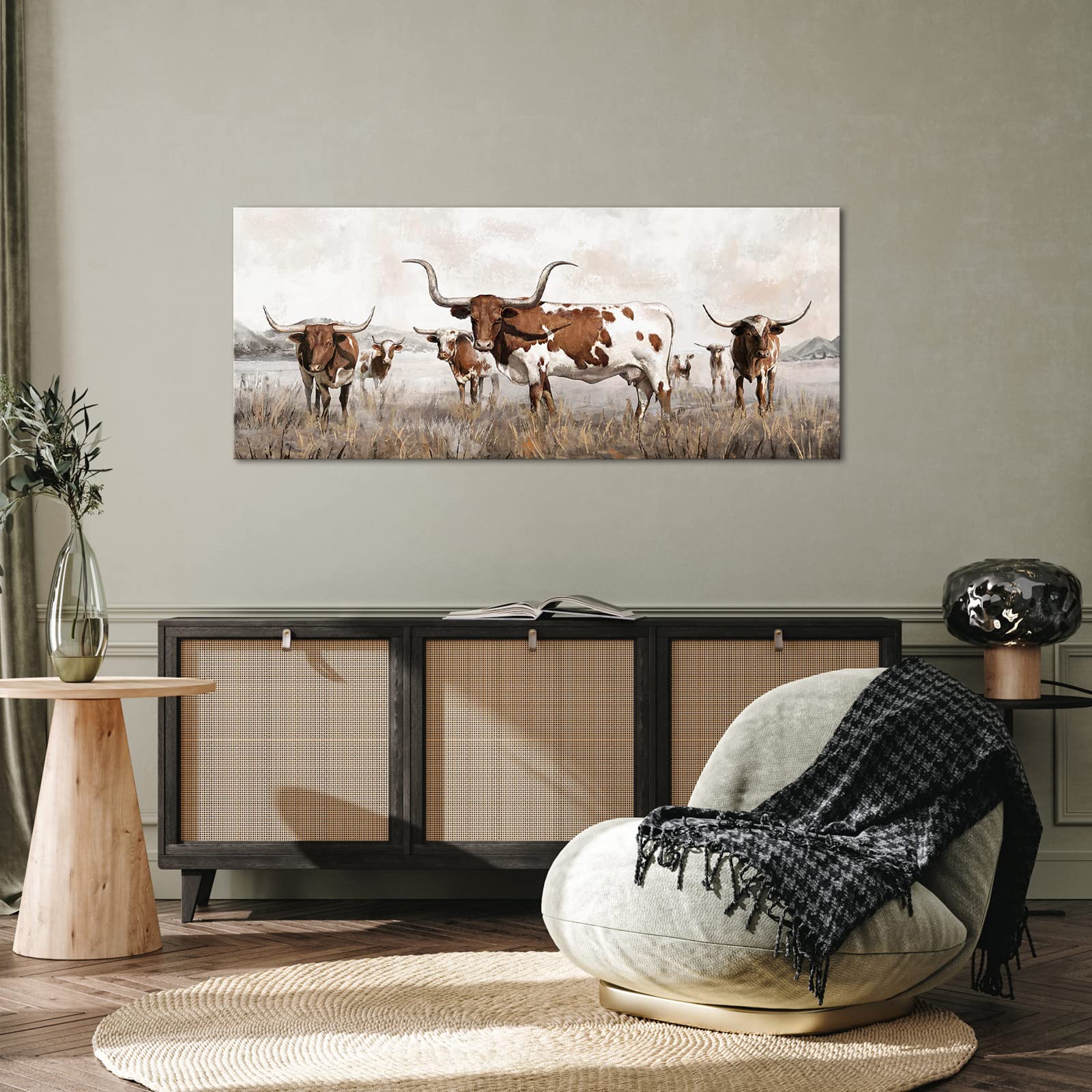Visual Art Decor Large Texas Longhorn Canvas Wall Art Decor Western Farmhouse Cow Cattle Picture Art Prints for Living Room  Kitchen  Bedroom  Office & Home Decor Gift Ready to Hang (Brown)