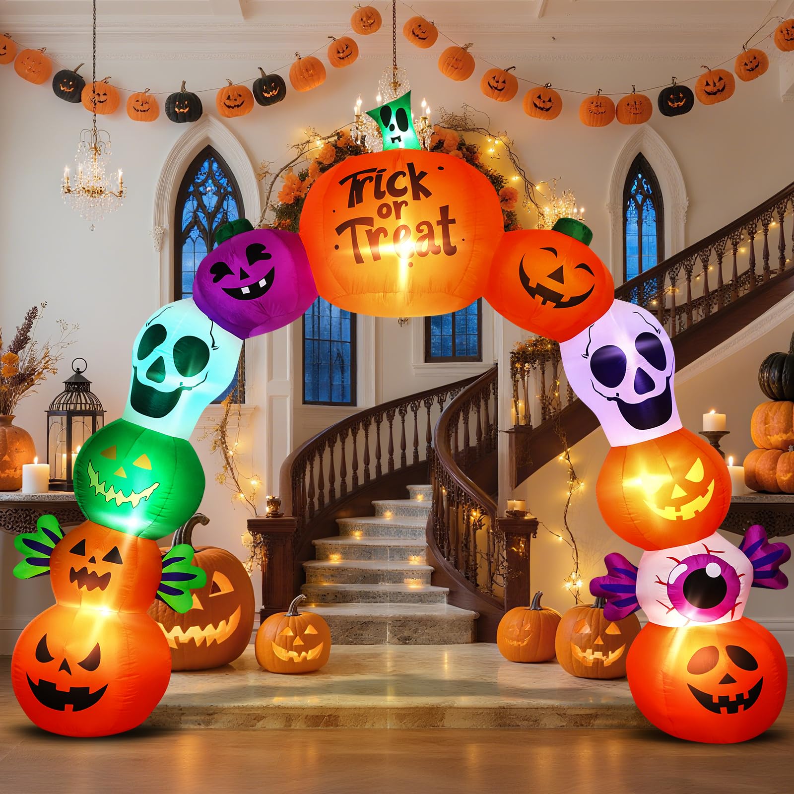 10FT Halloween Inflatables Pumpkin Skeleton Archway with Built-in LED Lights - Blow Up Yard Decoration with Candy Pumpkins for I