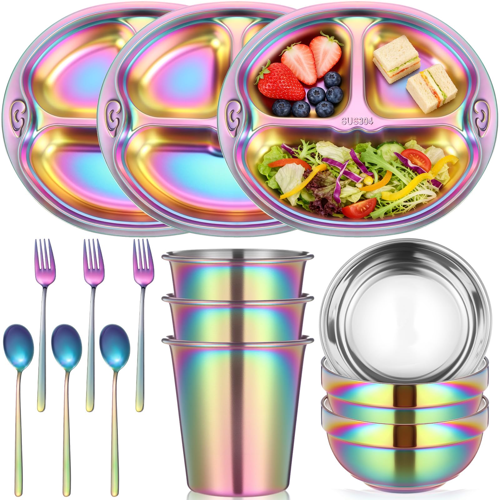 Tioncy 15 Pcs Stainless Steel Kids Dinner Set, 3 Bowls, 3 Balanced Bites Divided Plates, 3 Cups, 3 Spoons and 3 Forks, Stainless