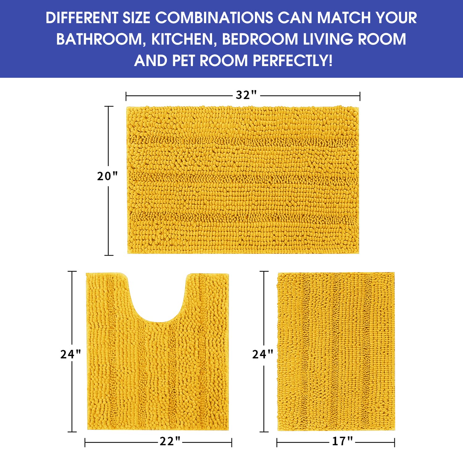 Accumtek Striped Yellow Bathroom Rug Set 3 Pieces Ultra Soft, Non Slip Chenille Toilet Mat, Absorbent Plush Shaggy Bath Mats For