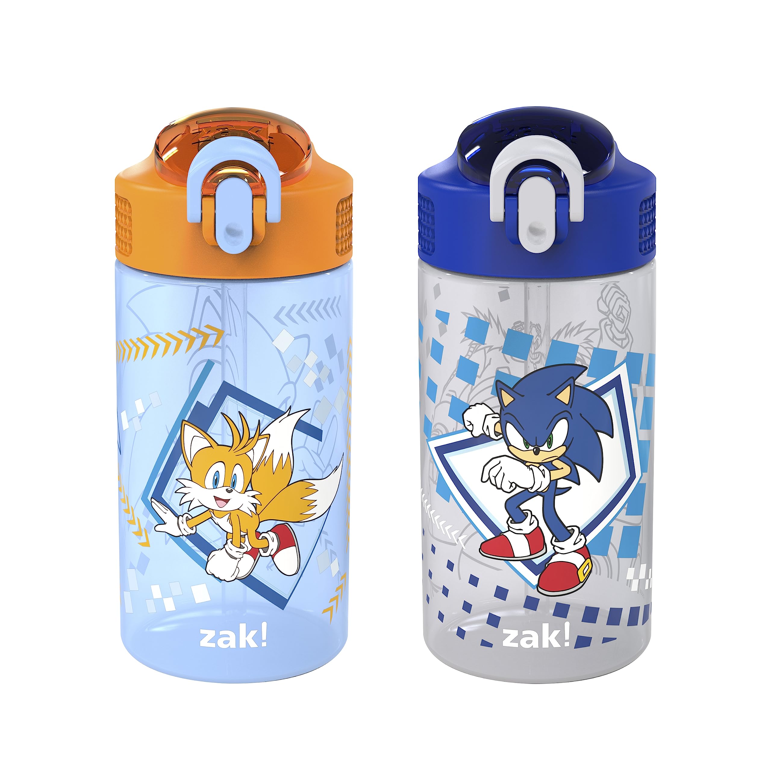 Zak Designs Sonic Kids 2-Pack Leak-Proof Water Bottles With Straw, Handle and Pop-Up Spout Cover