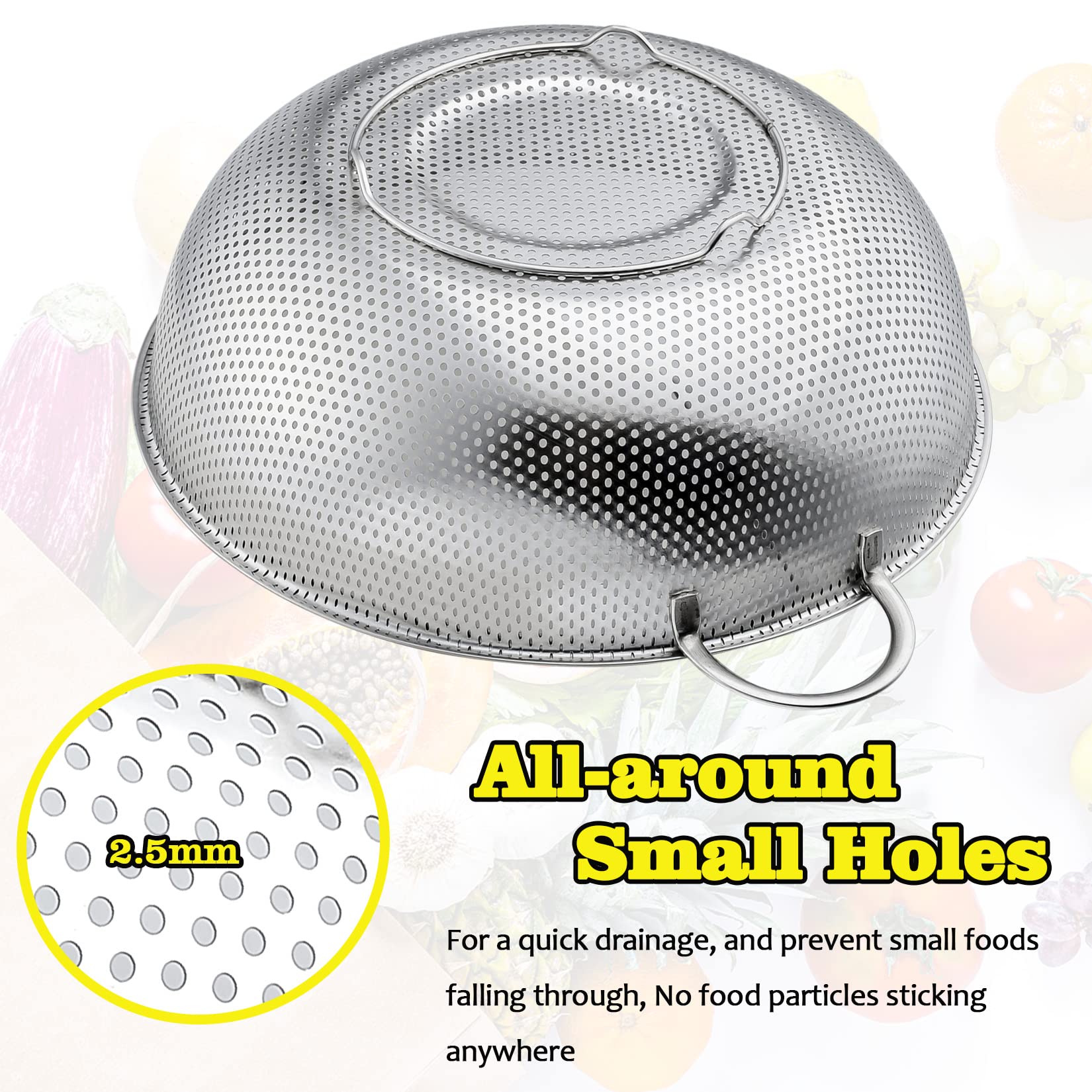 2-Piece Colanders (1 + 3 Qt), P&P Chef Stainless Steel Food Strainer With Handle, Micro-Perforated For Washing Rinsing Draining,