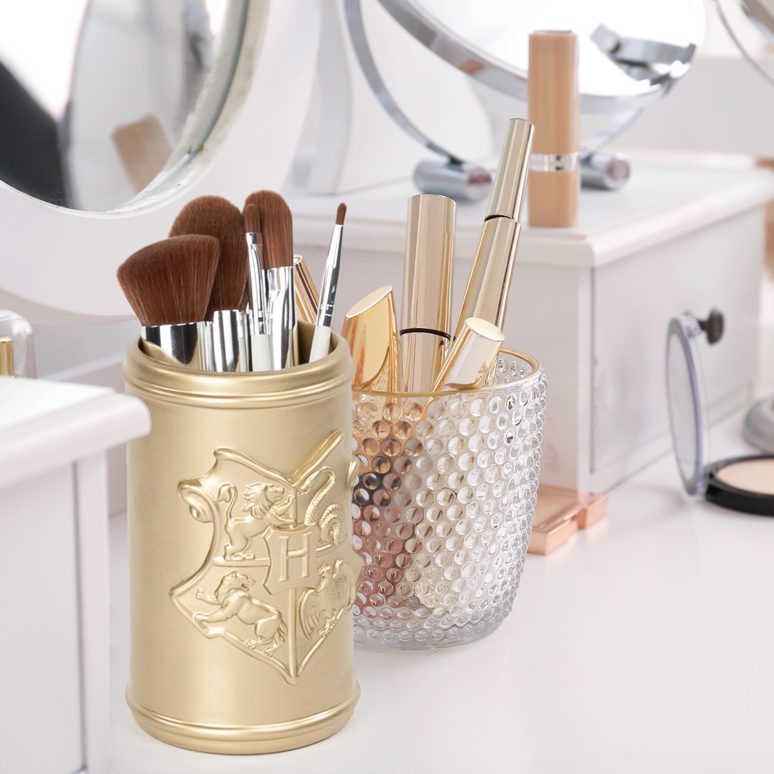 Jay Franco Harry Potter Bathroom Tumbler - Gold Resin Toothbrush/Pen Holder Features Hogwarts Crest - Bathroom D  Cor