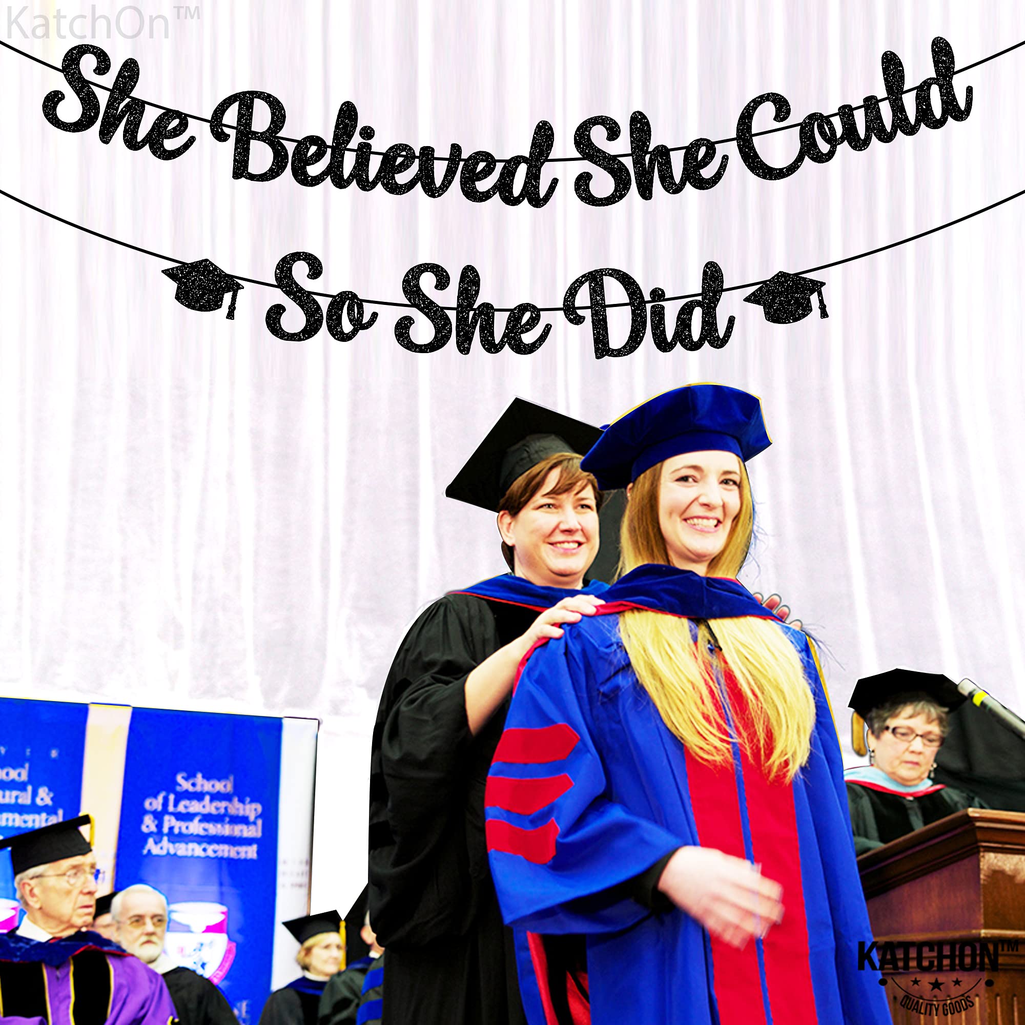 Katchon, She Believed She Could So She Did Banner - Glitter, 10 Feet, No Diy | Black You Did It Banner For Graduation Decoration