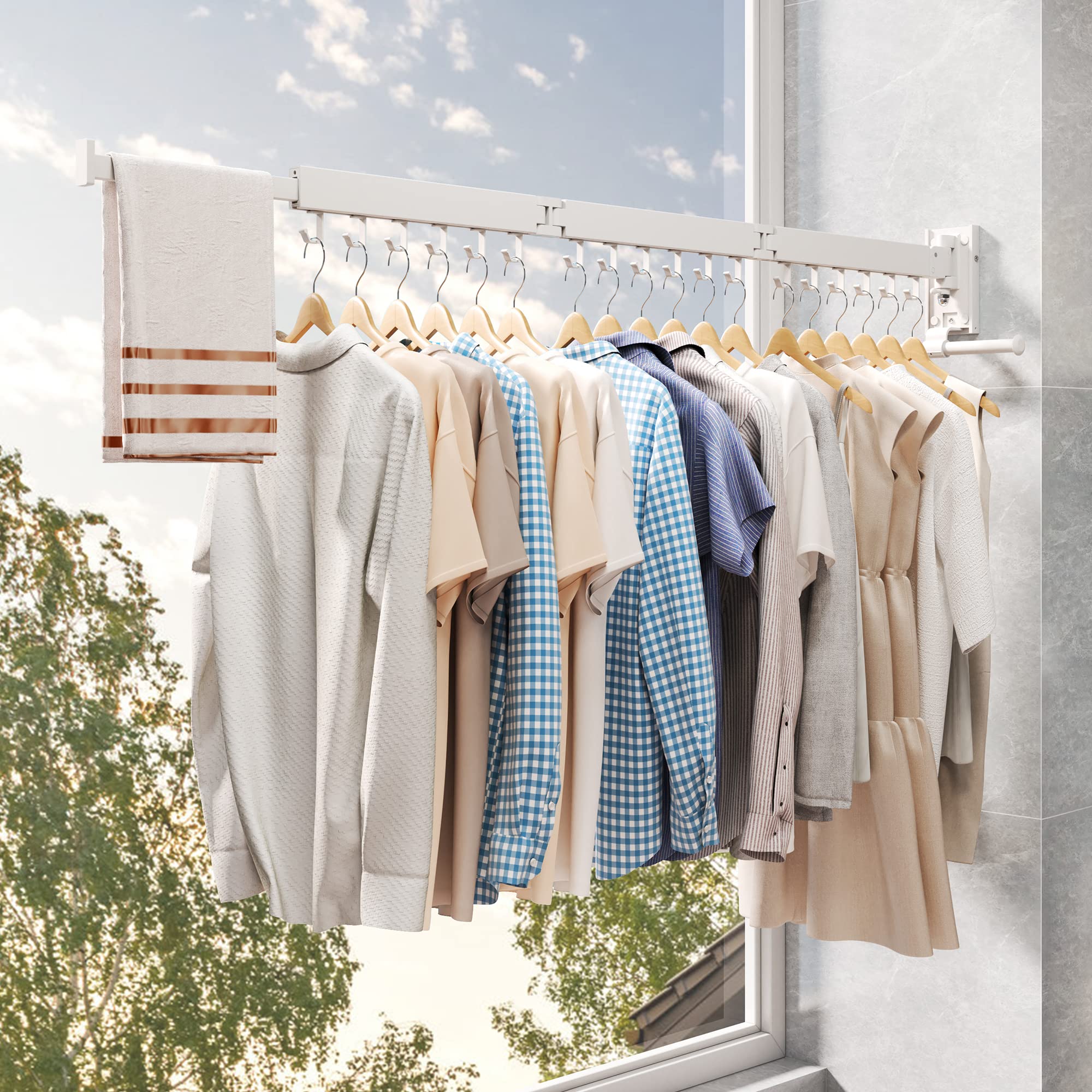 LIENAHU Clothes Drying Rack Laundry Drying Rack Clothes Rack Wall Mount Wall Mounted Laundry Rack Folding Retractable Clothing Rack Collapsible Clothes Hanging Rack(can fold Upward)-White