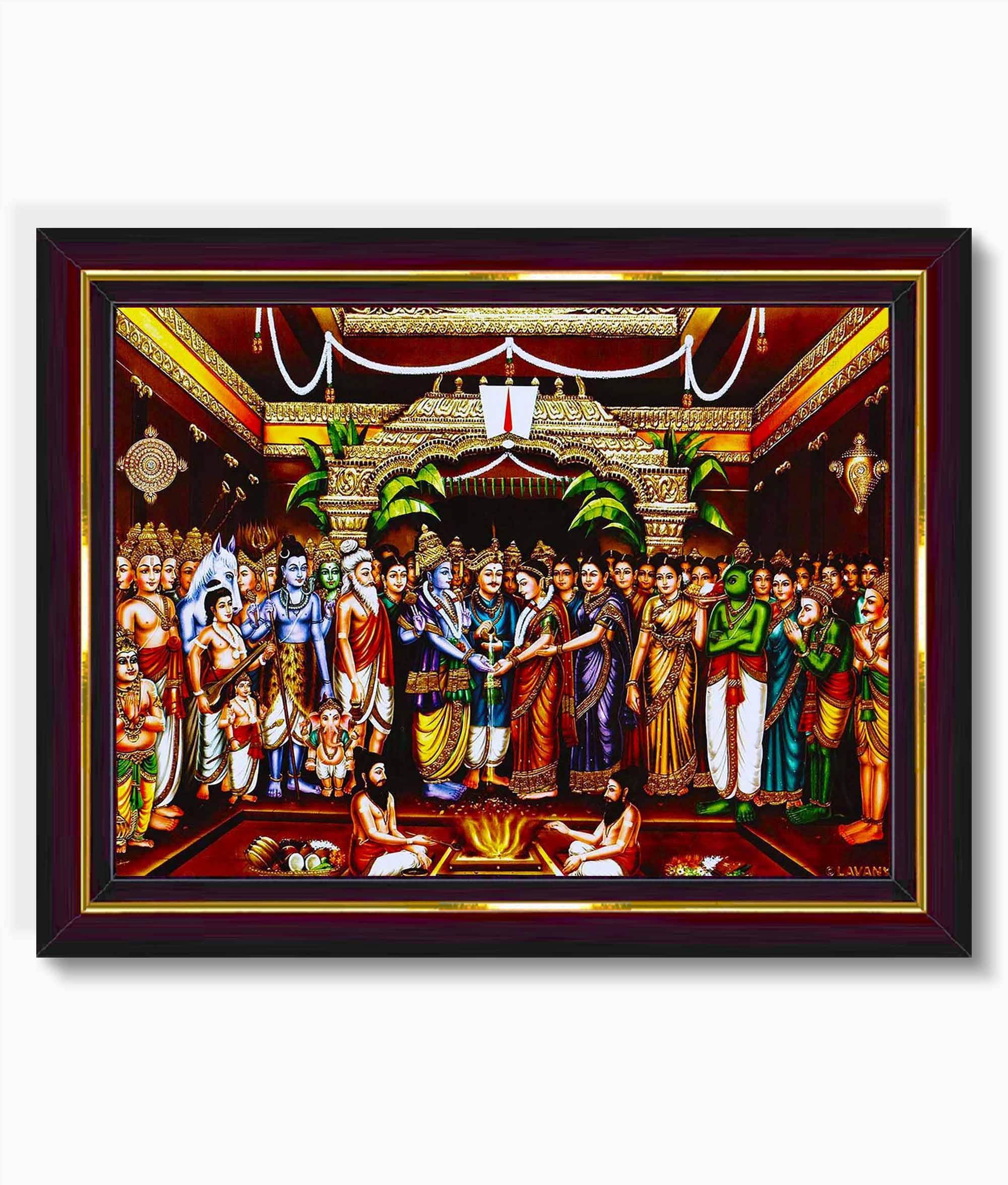 Pavan Photo Laminations Tirupati Balaji Padmavati Srinivasa Kalyanam Wall Painting Framed Home Decor (Wood,Matte,Brown,Big Size,