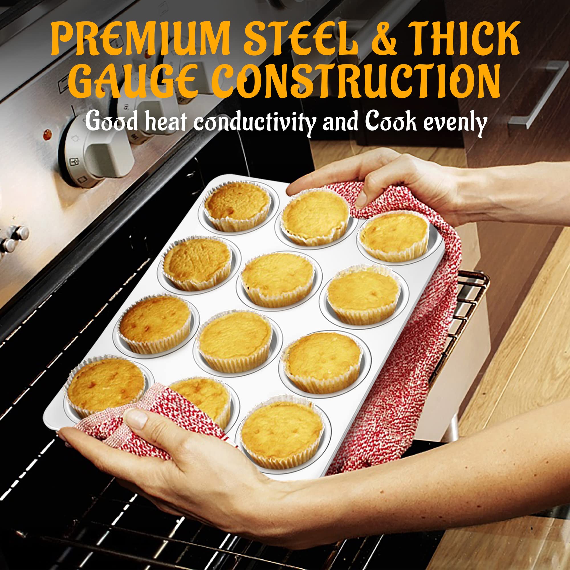 E-Far Muffin Pan 12-Cup, Set Of 2, Stainless Steel Cupcake Pan Metal Muffin Baking Tins For Oven, Regular Size & Easy Clean, Non