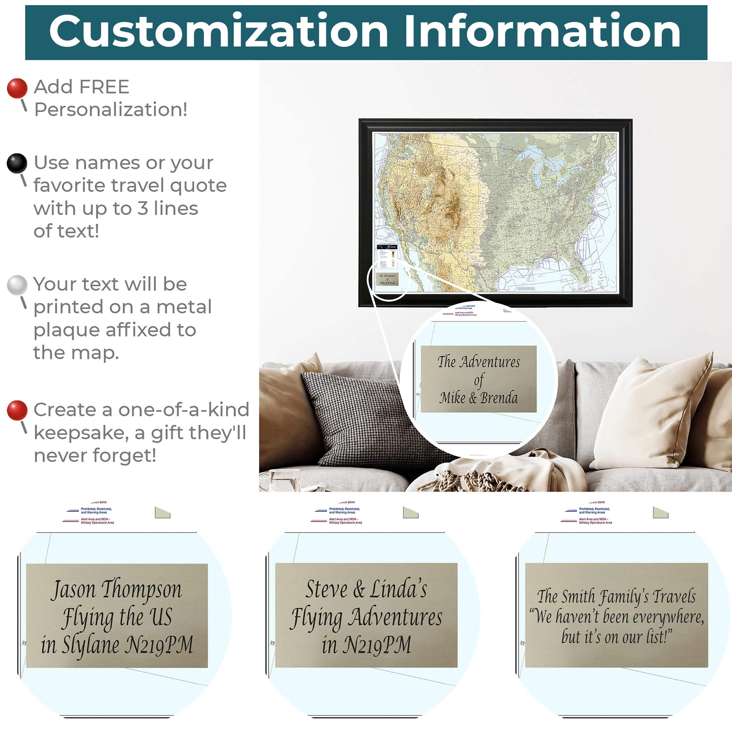 Personalized Usa Vfr Pinnable Pilot'S Map - Brown Frame - 27.5 Inches X 39.5. Inches - Aviator'S Map - Chart Your Flights!