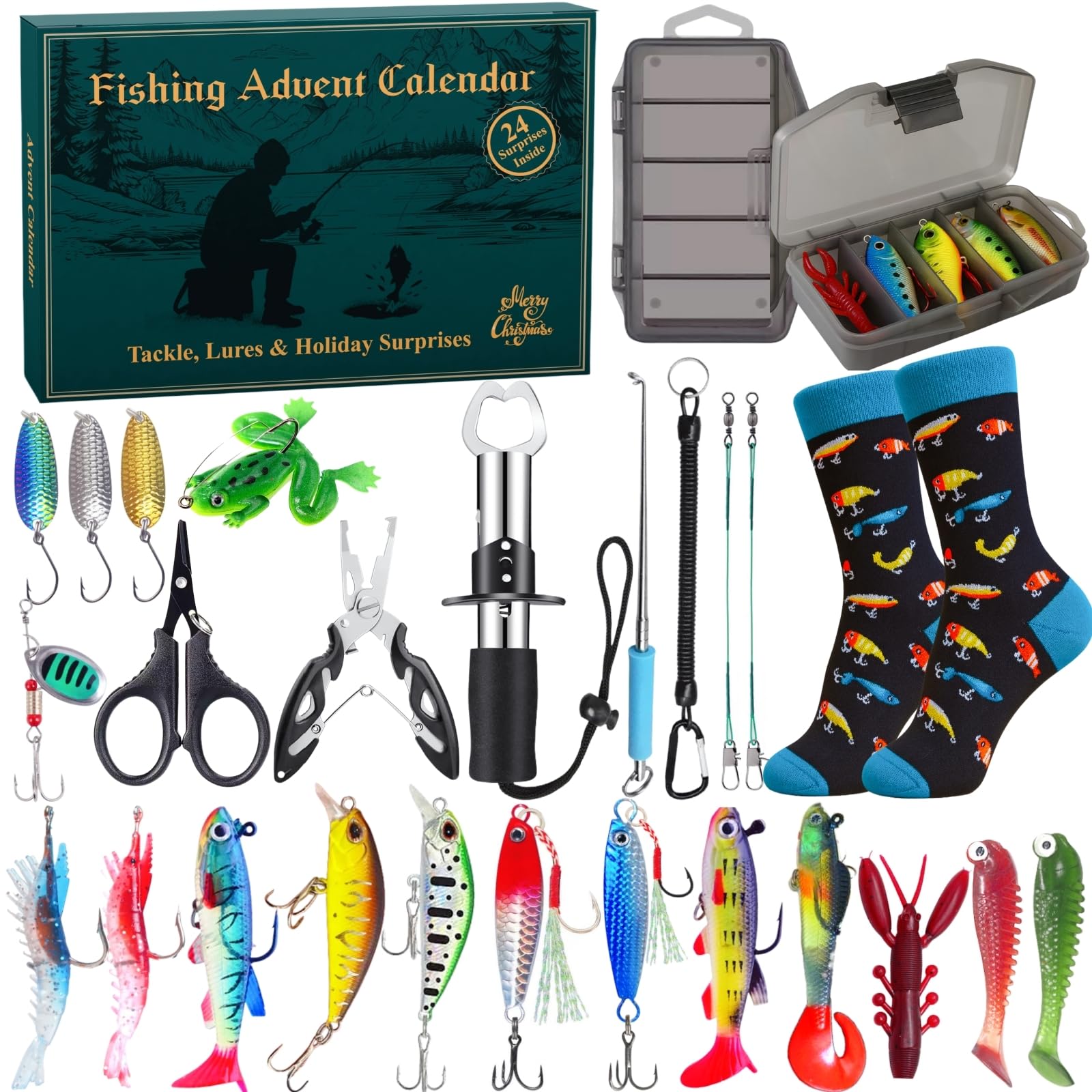 Fishing Advent Calendar 2025 for Men, 24-Day Fishing Tackle Advent Calendar with Lures, Tools, Tackle Box & Holiday Surprises, C