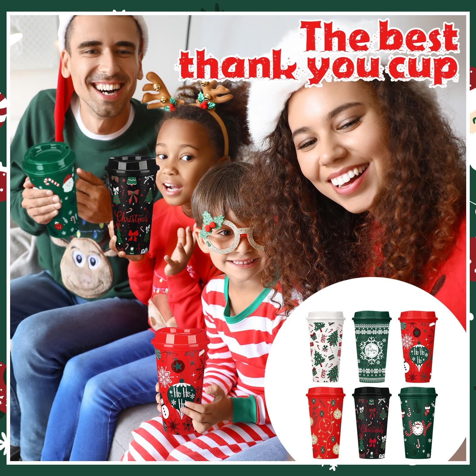 Pickmesh 12 Pack Christmas Coffee Cups Gifts Bulk 16 oz Reusable Coffee Cup Tumblers with Lid Plastic Cups Travel Mug Thank You