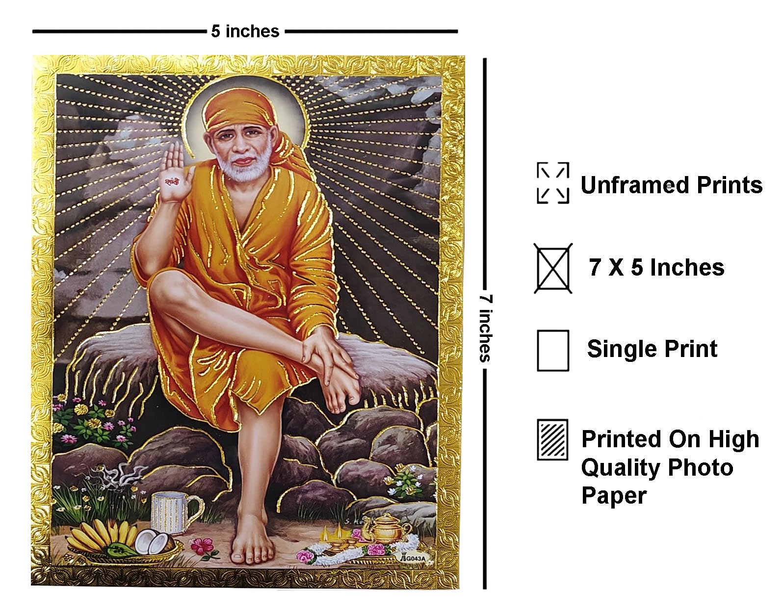 Rastogi Handicraft Best Of Indian Reprint Hindu God Poster/Picture With Golden Foil Unframed (Sai-Baba-Of-Shirdi-7''X5'')