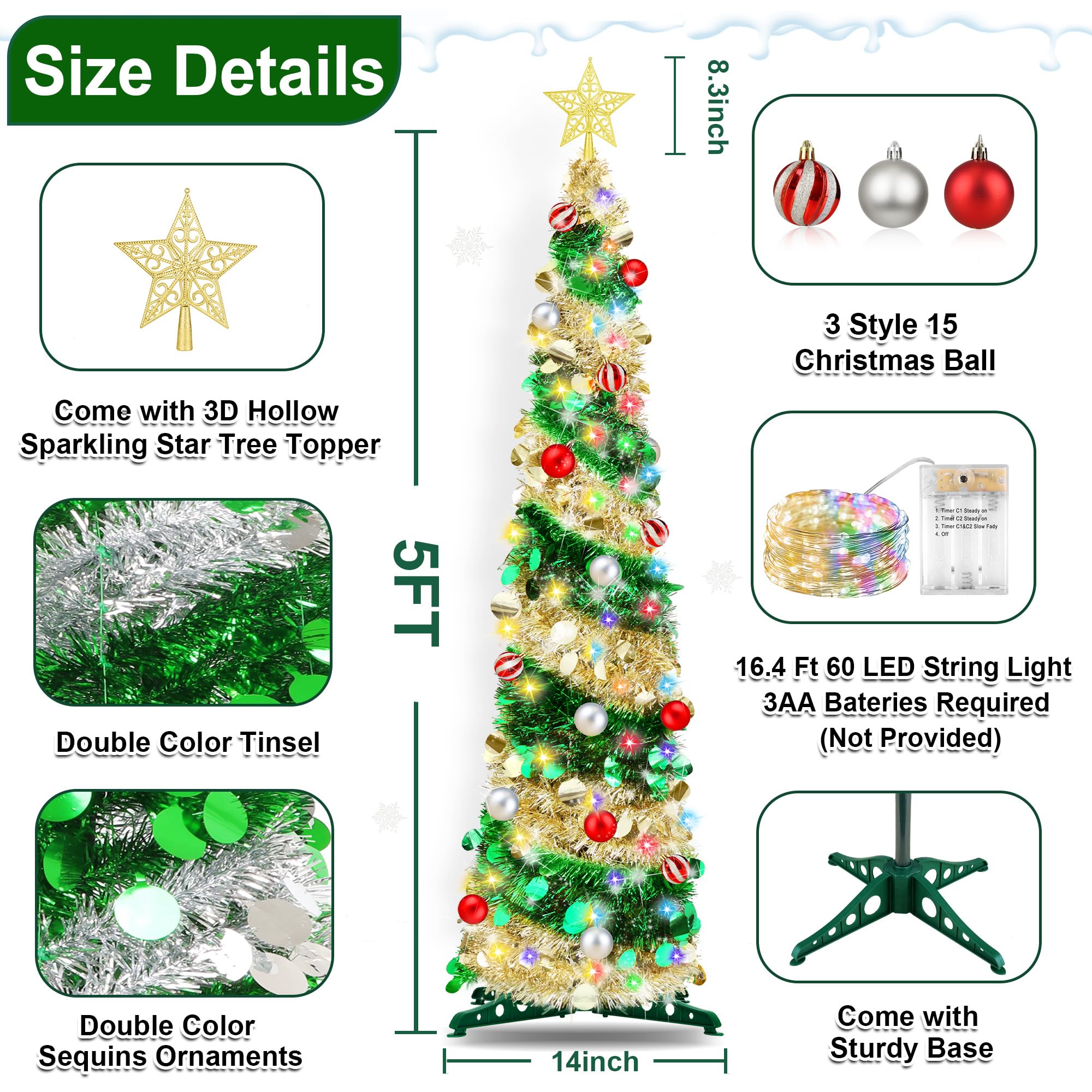 5FT Pop Up Christmas Tree with Timer 60 Warm White & Multi Color Fairy Light 3D Star 15 Ball Ornament, Green Gold Tinsel Christm