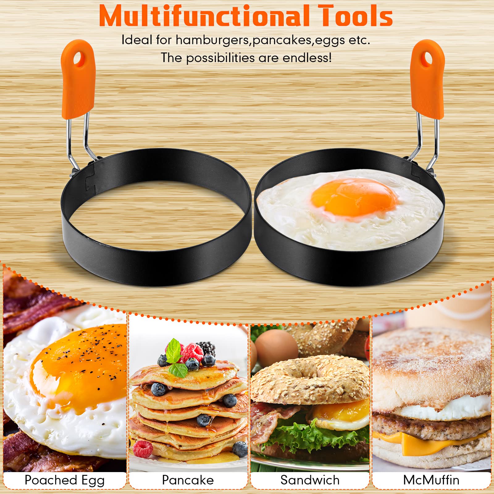 Patelai 6 Pcs Professional Egg Ring Pancake Ring Set Stainless Steel Fried Egg Ring Griddle Pancake Shapers With Silicone Handle