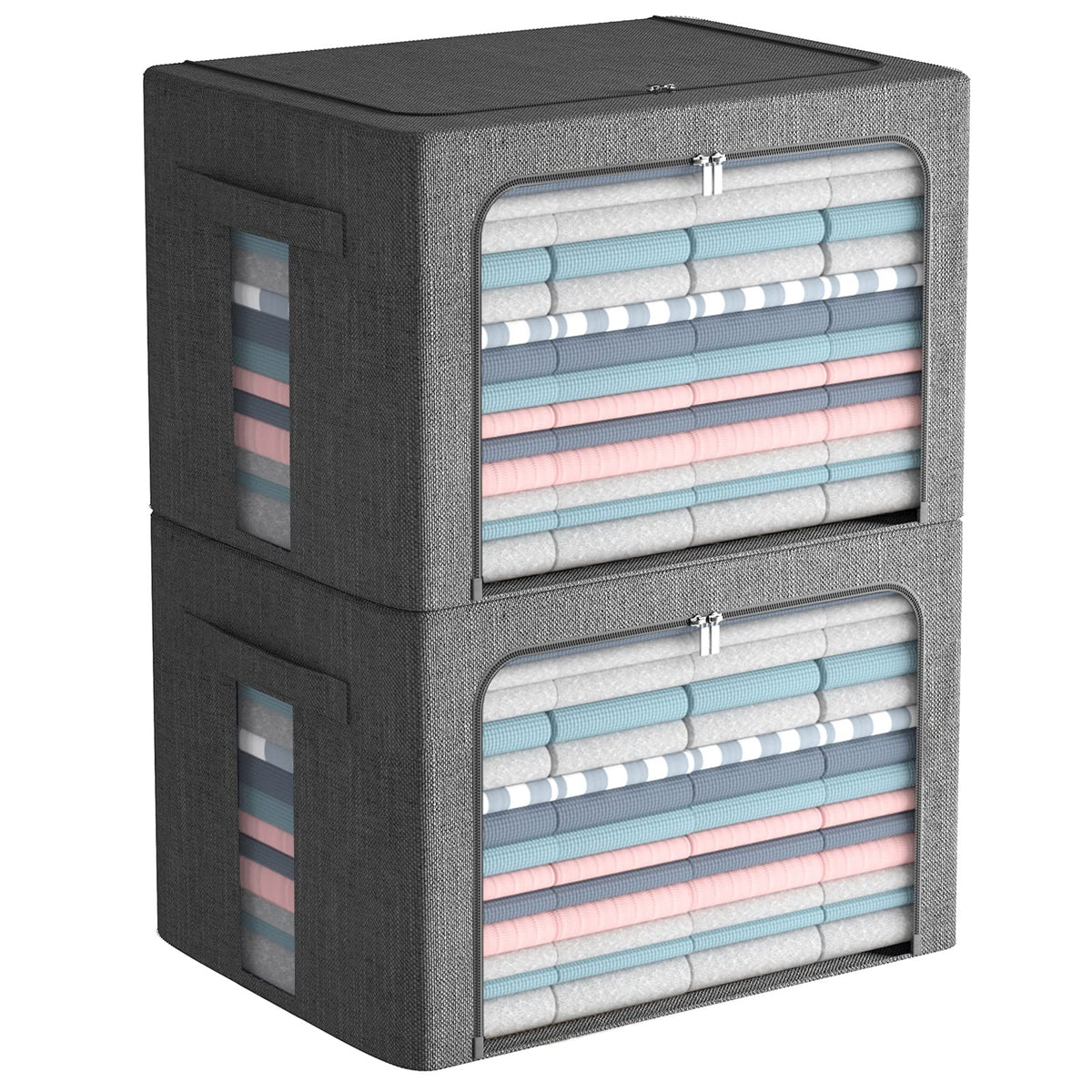 Extra Large Clothes Storage Bins - Foldable Metal Frame Storage Box - Stackable Linen Fabric Box Organizer Set with Carrying Han