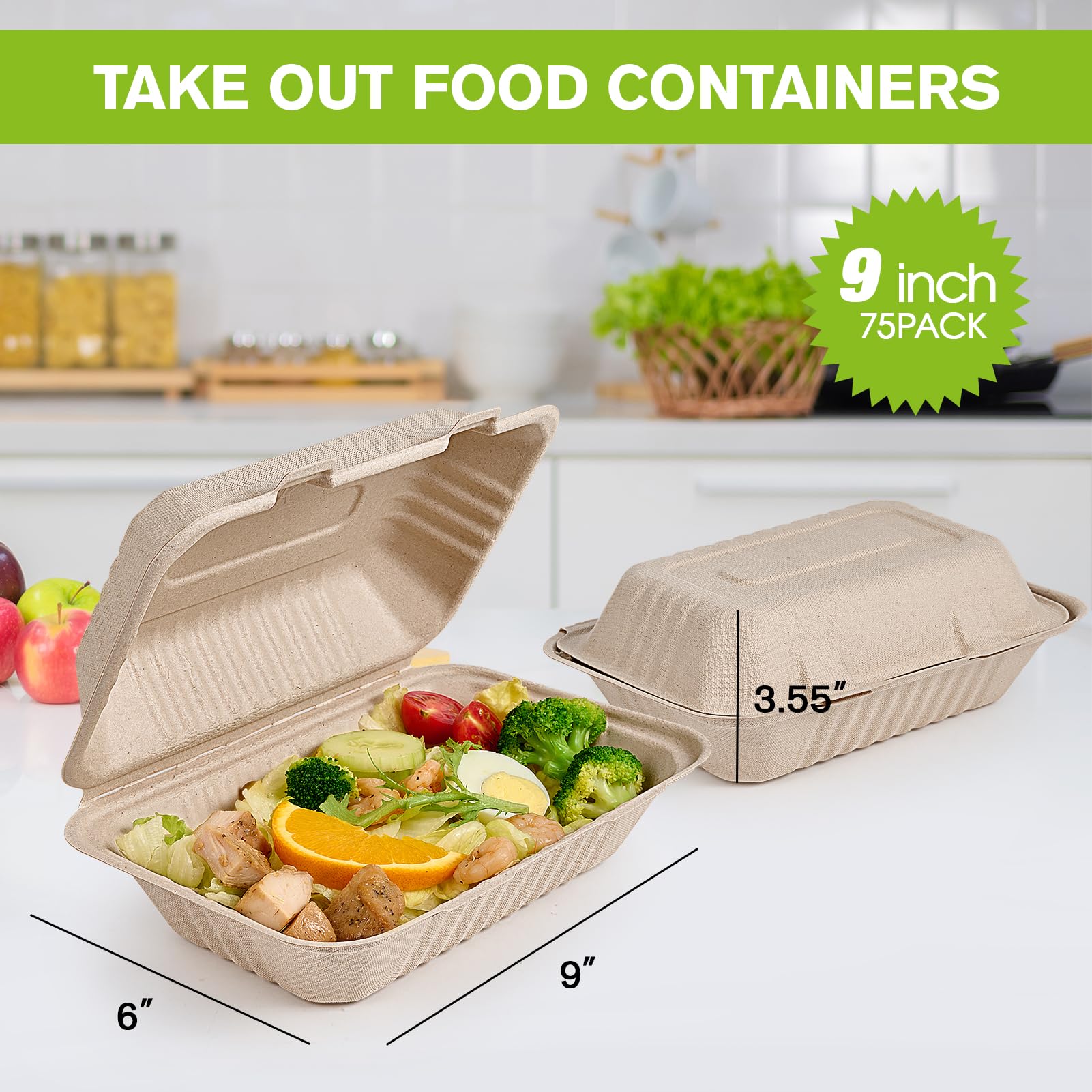 ECOLipak 75 Pack Clamshell Take Out Food Containers  100% Compostable To Go Containers Disposable  9X6 Heavy-Duty To Go Boxes  Eco-Friendly Biodegradable To Go Containers For Food