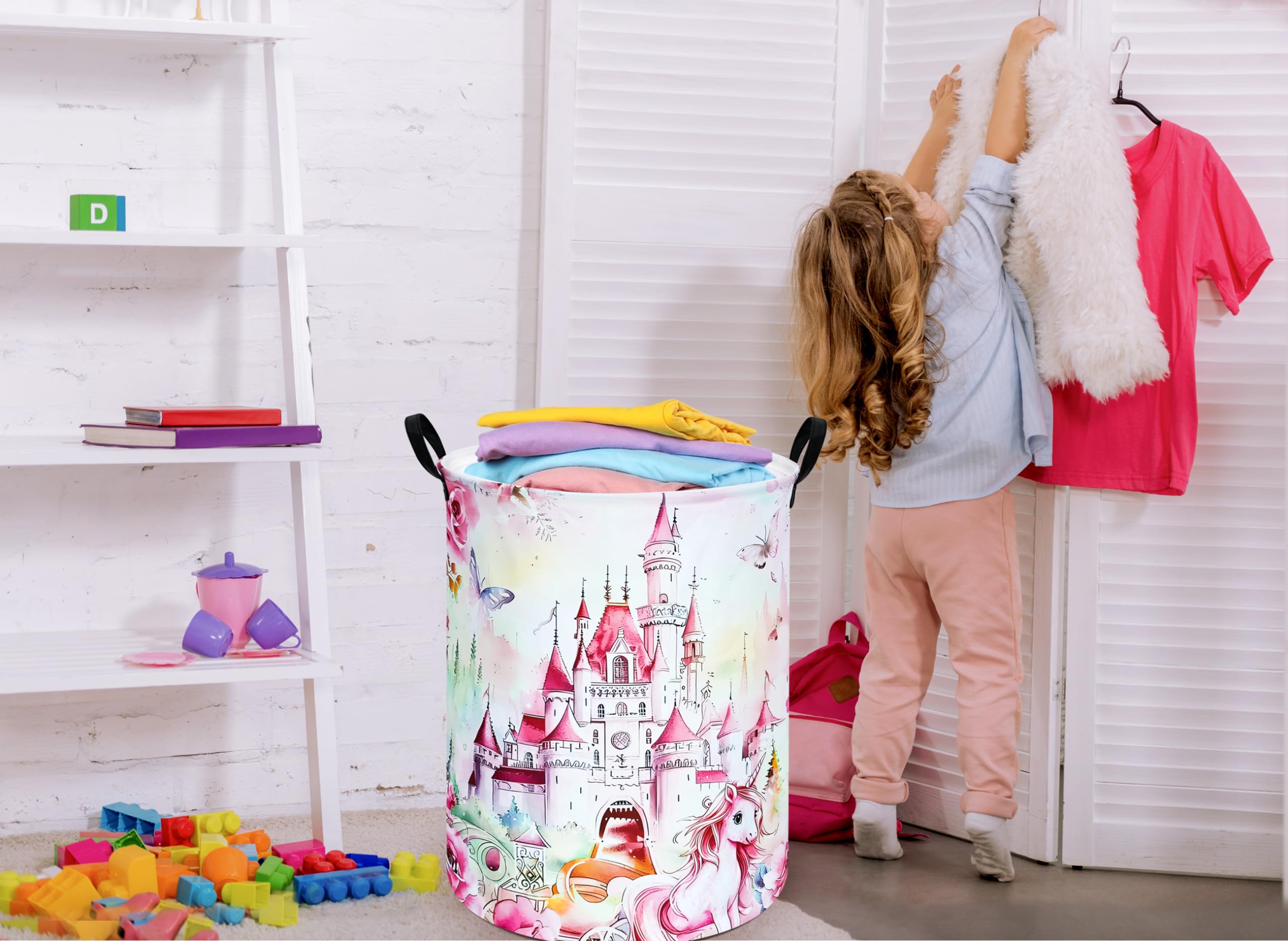 Huayee 19.7 Inch Pink Castle Pattern Girls Baby Laundry Basket Laundry Hamper Storage Basket Fabric Material Organization Basket