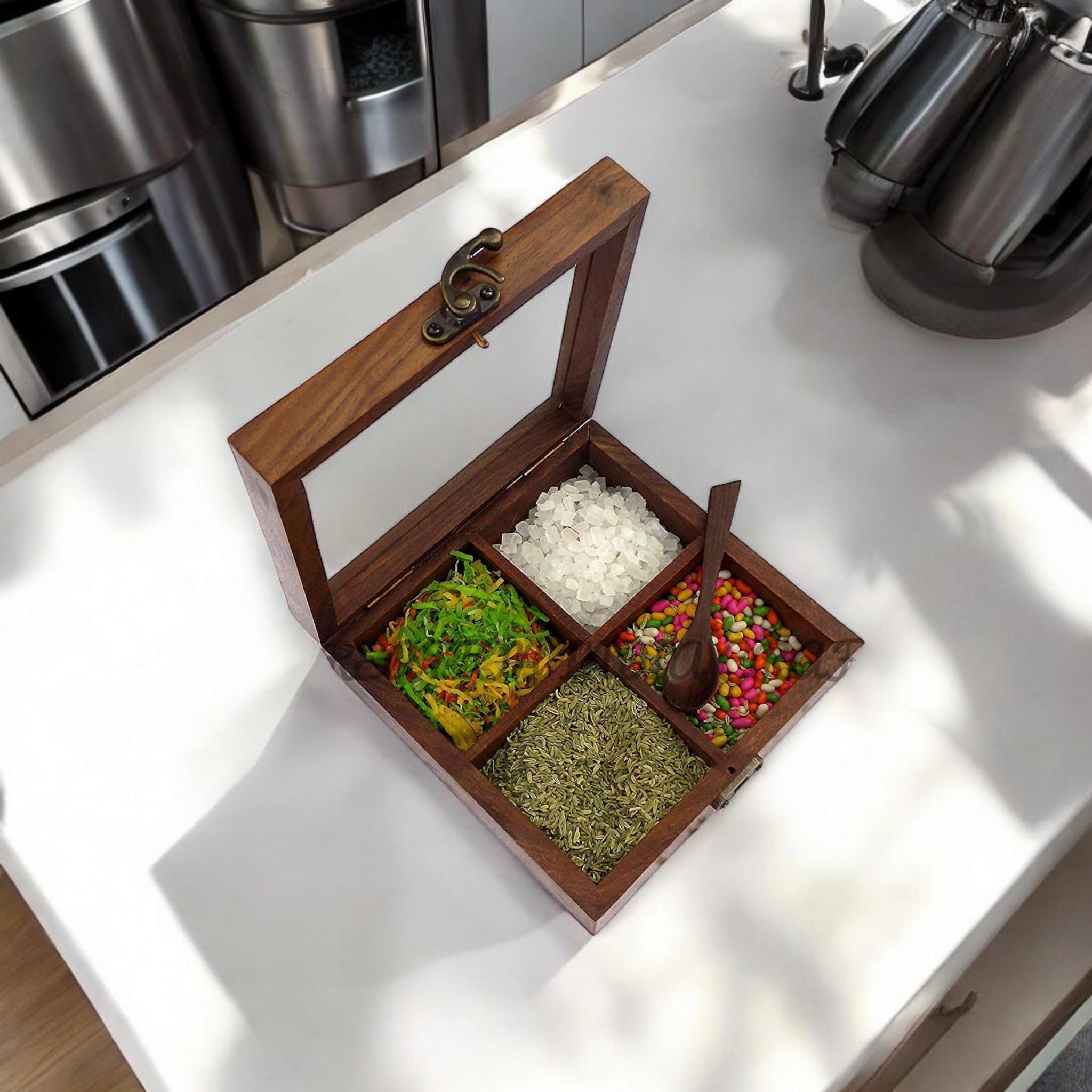 Wooden Spice Box With 4 Partitions & Spoon, Mukhwas For Refereshment, Spice Container For Kitchen, Masala Dabba, Namakdani For K