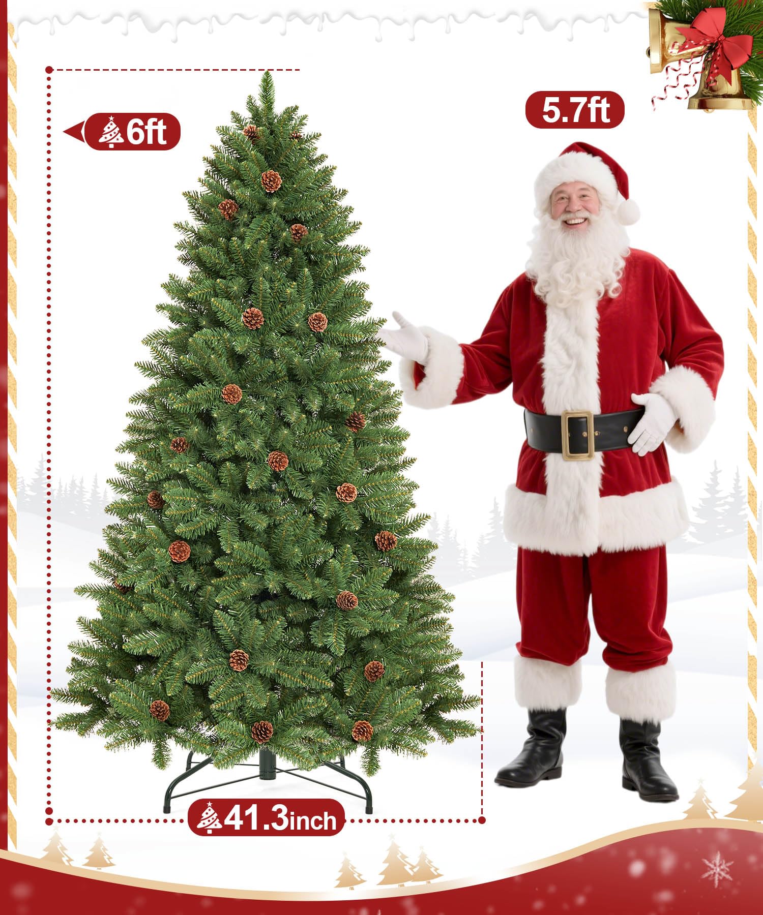 Decoway 6FT Artificial Christmas Tree: Unlit Green Xmas Pine with Pinecones and Metal Stand for Indoor - Holiday Decoration for