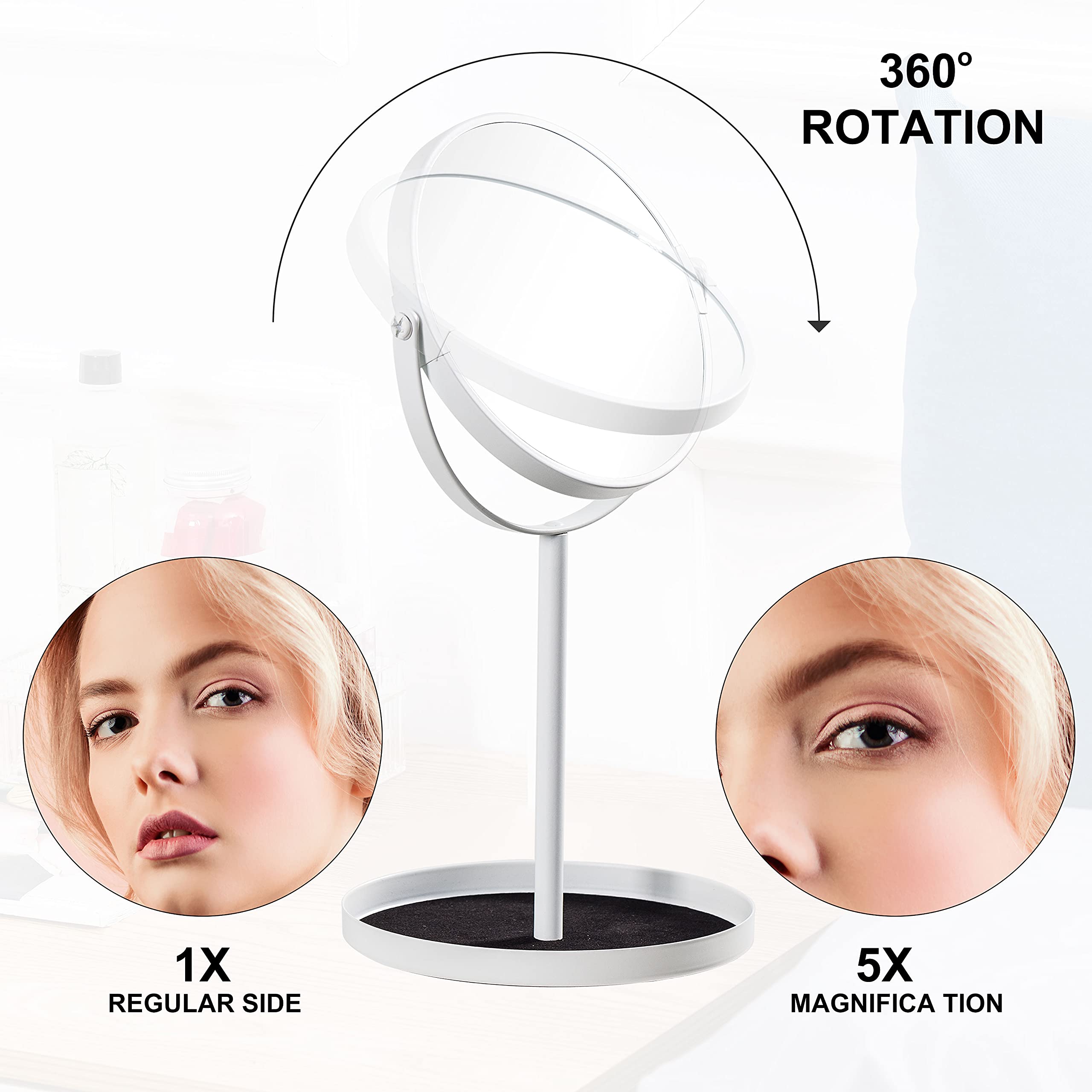 Ettori Makeup Mirror Dual Sided Vanity Mirror, 1X And 5X Magnification, 360 Swivel Round Mirror, No Light, White