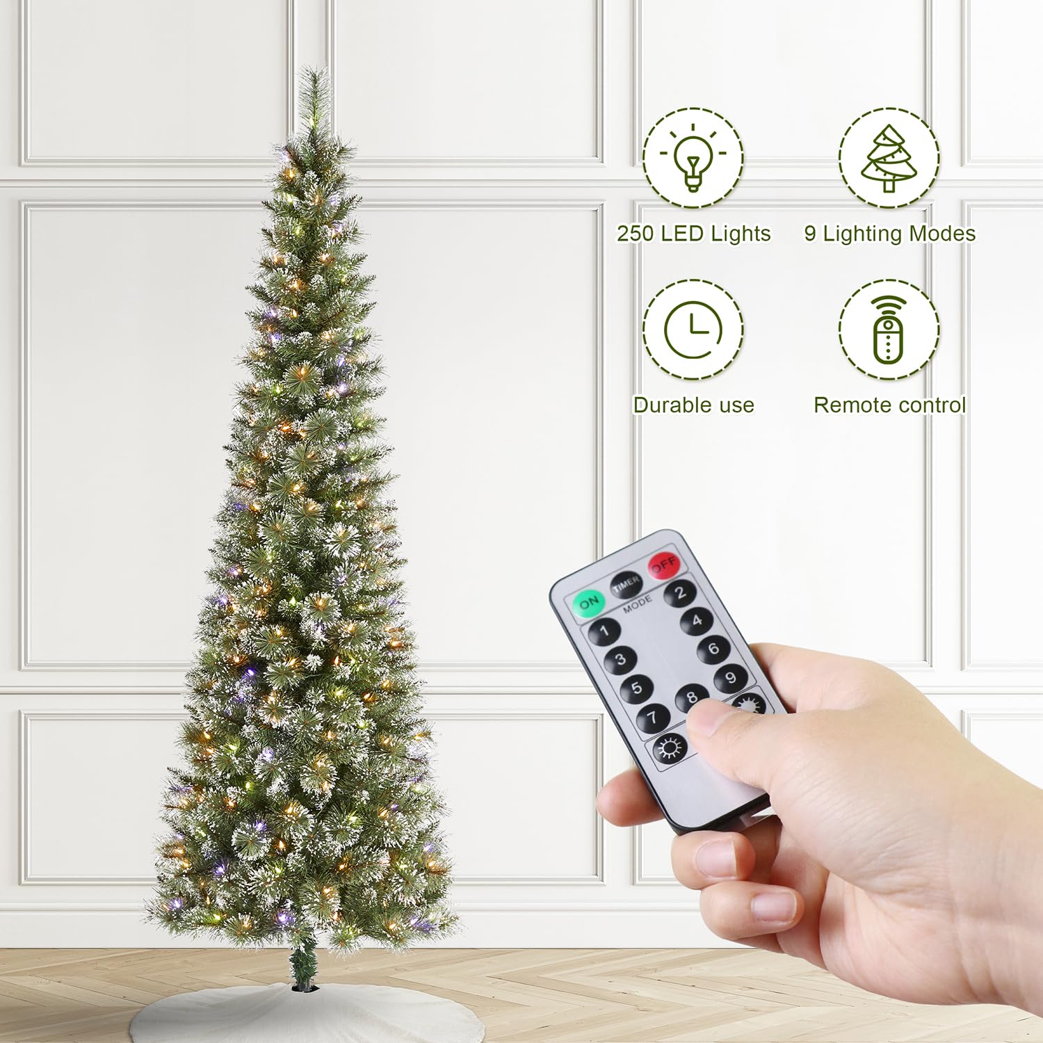 Glitzhome 7.5ft Prelit Christmas Tree, Artificial Christmas Tree, Hinged Pencil Christmas Trees Portland Cashmere Pine with 250