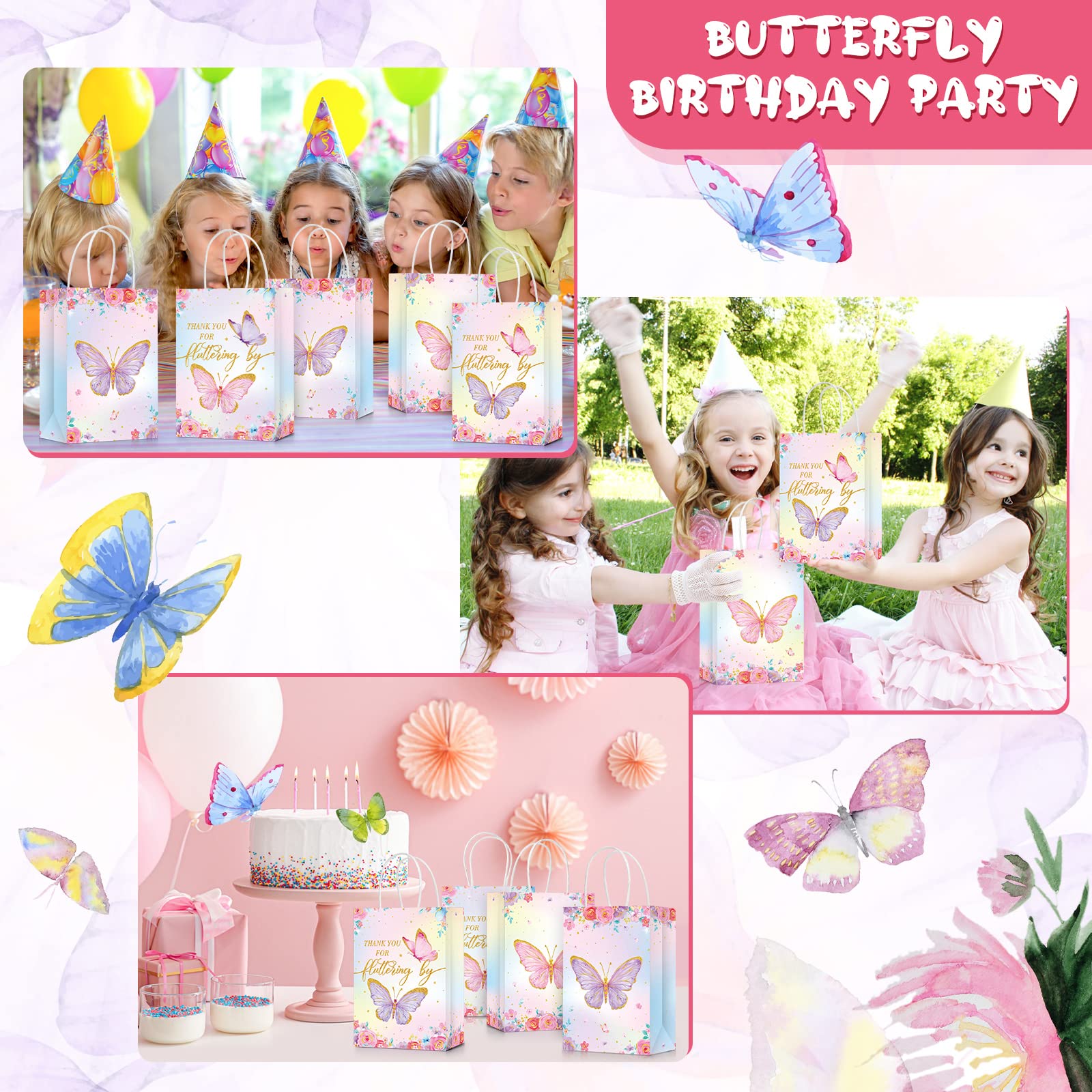 24 Pcs Butterfly Party Favors Gift Bags Goodie Treat Candy Bags Thank You For Fluttering By Paper Bags With Handles For Girls Bu