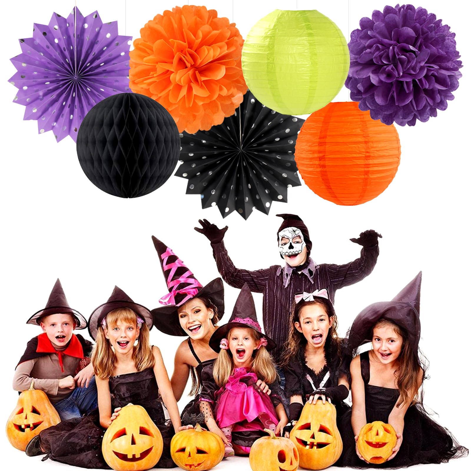 Black-Orange Purple Green Halloween Party-Decorations - 14Pc Kit Paper Lanterns Fan,Tissue Flower Pom Poms Streamers,Honeycomb B