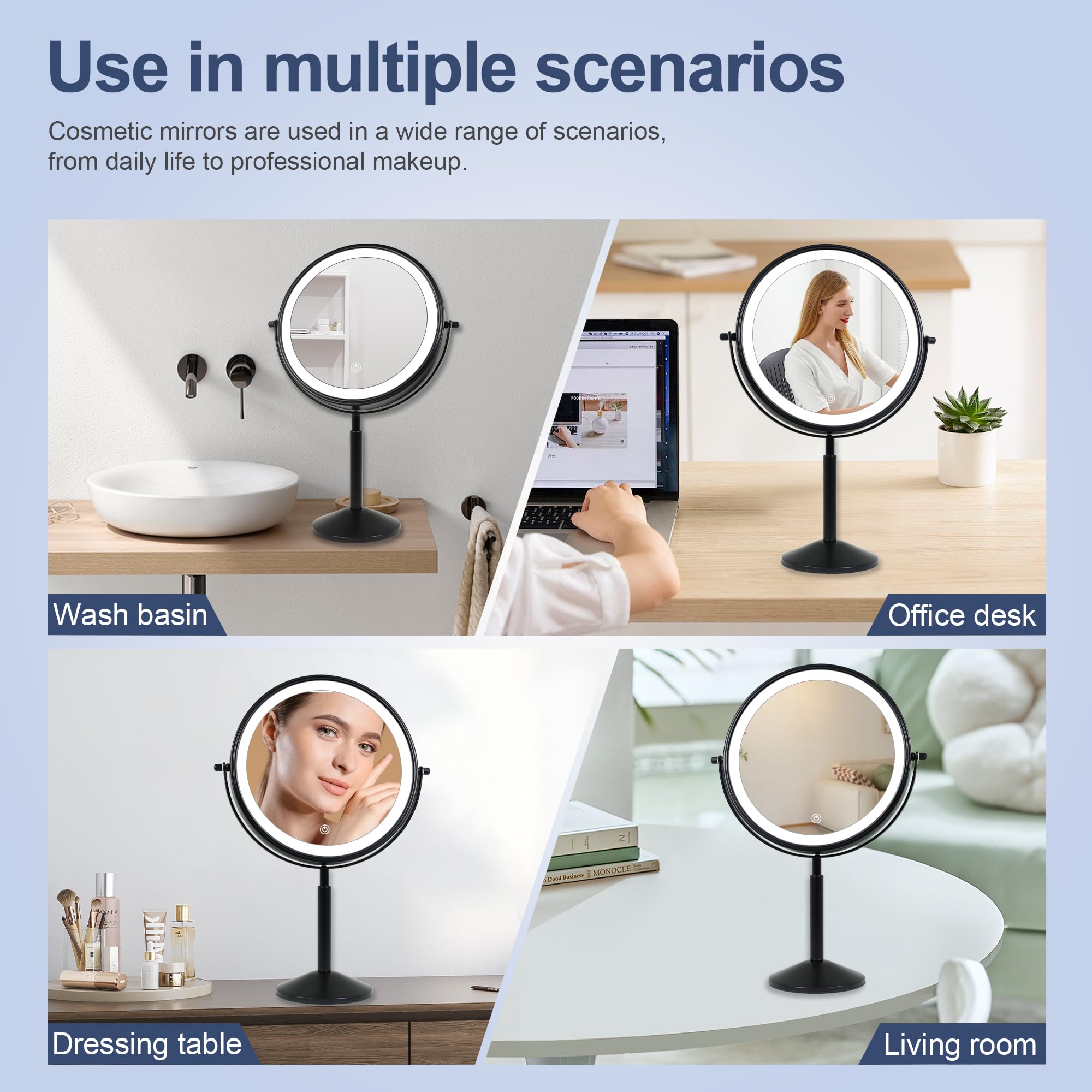 Yngtoue 9'' Makeup Mirror With Lights And 10X Magnification Led 3000Mah Rechargeable, 360 Rotating Adjustment,Black Vanity Swive