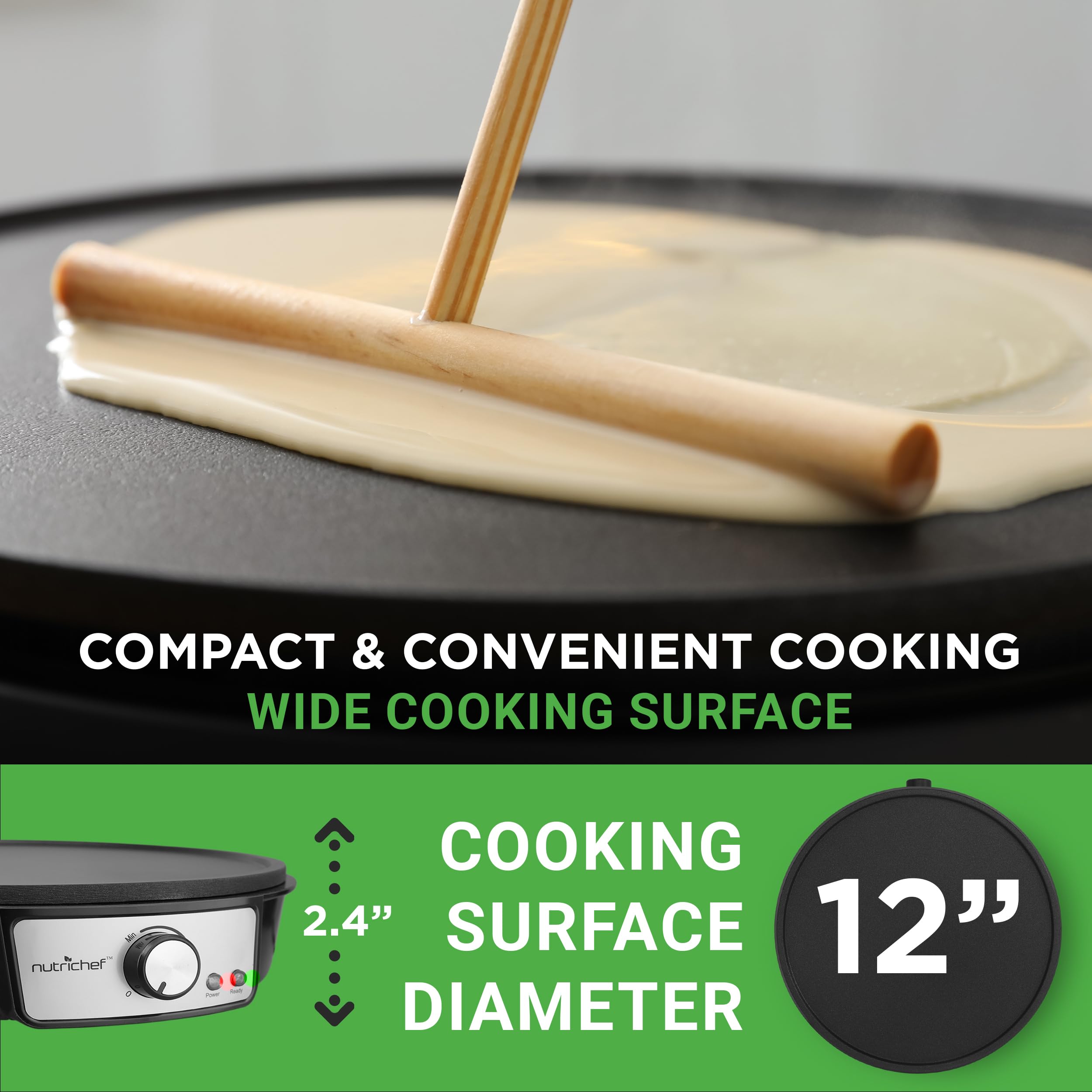 Electric Crepe Maker Pan & Griddle - 12 Inch Nonstick Cooktop - LED Indicators & Adjustable Temperature Control - Includes Spatula  Batter Spreader - Cooks Crepes  Roti & Pancakes