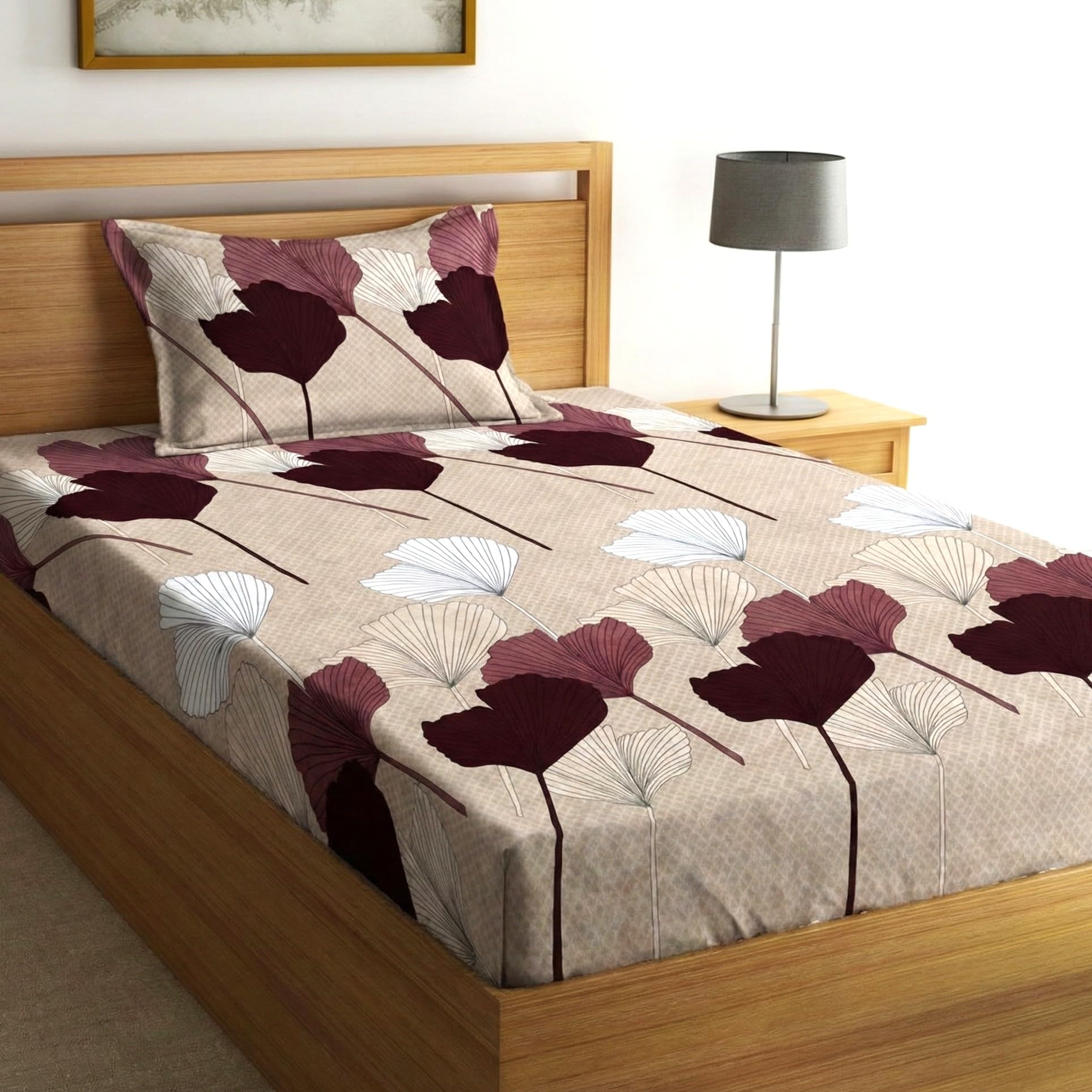 Fashion String Microfibre 144TC Beige Ginkgo Leaf Single Bedsheet with 1 Pillow Cover