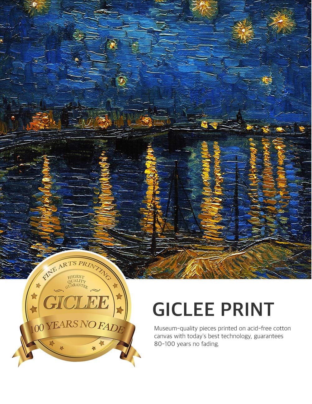 Decorarts - Starry Night Over The Rhone - Vincent Van Gogh. Giclee Print On Canvas With Matching Golden-Relief Framed Wall Art.
