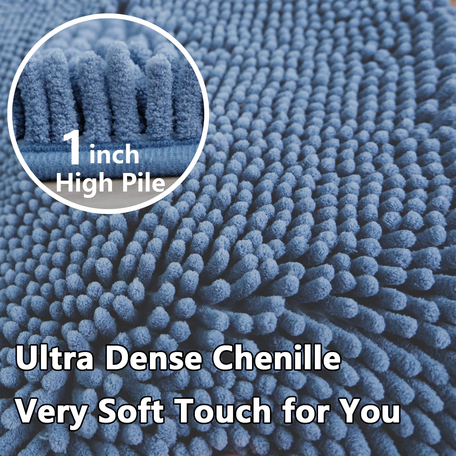 Bathroom Rugs Chenille 3-Piece Extra Soft and Absorbent Shag Bathroom Rugs  Machine Wash Mat  Strong PVC Non-Slip Underside  Plush Carpet Mats (Deep Blue)