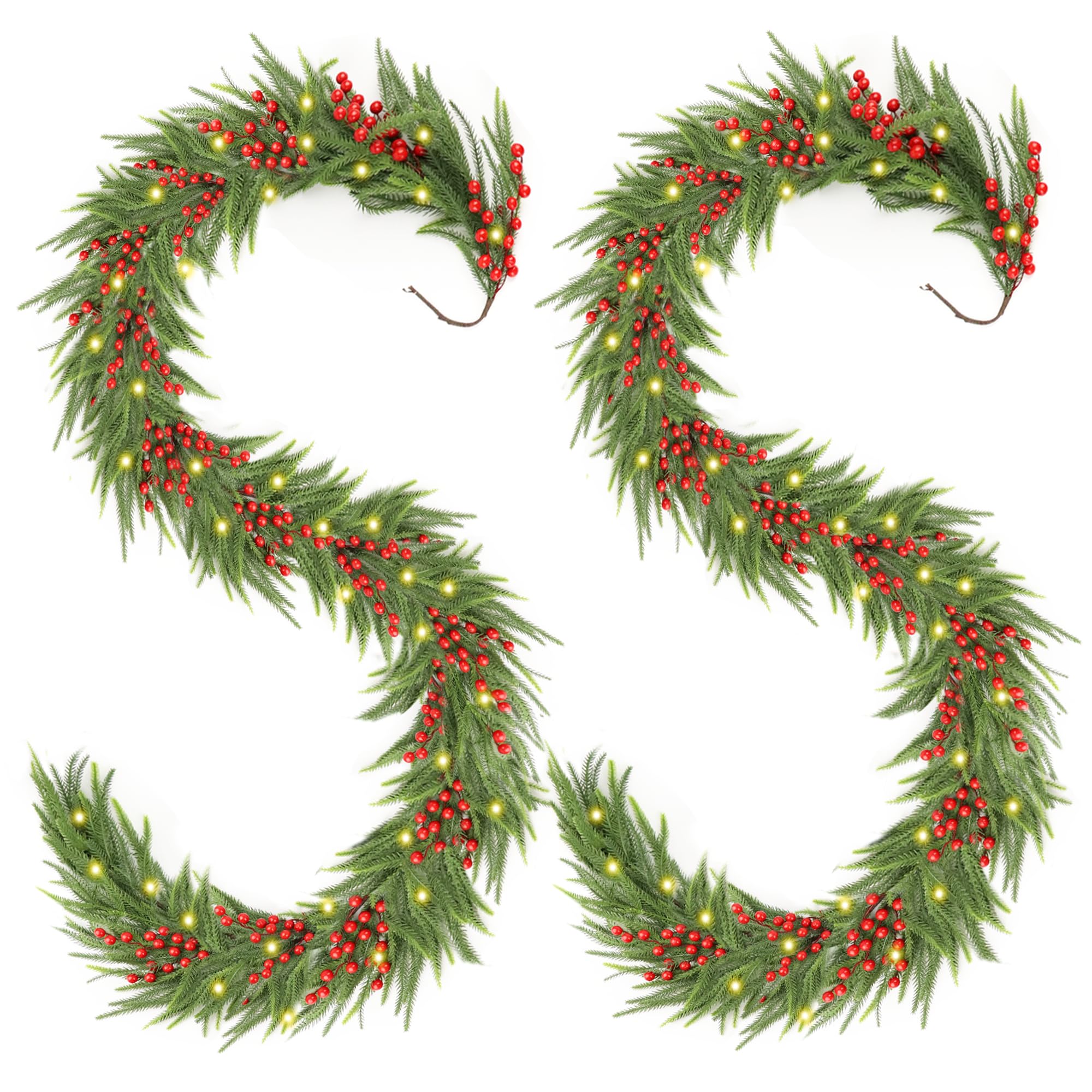 Christmas Norfolk Pine Garland 2PCS 9FT,Real Touch Faux Winter Greenery Garland with Light for Stairs Table Fireplace Backdrop W