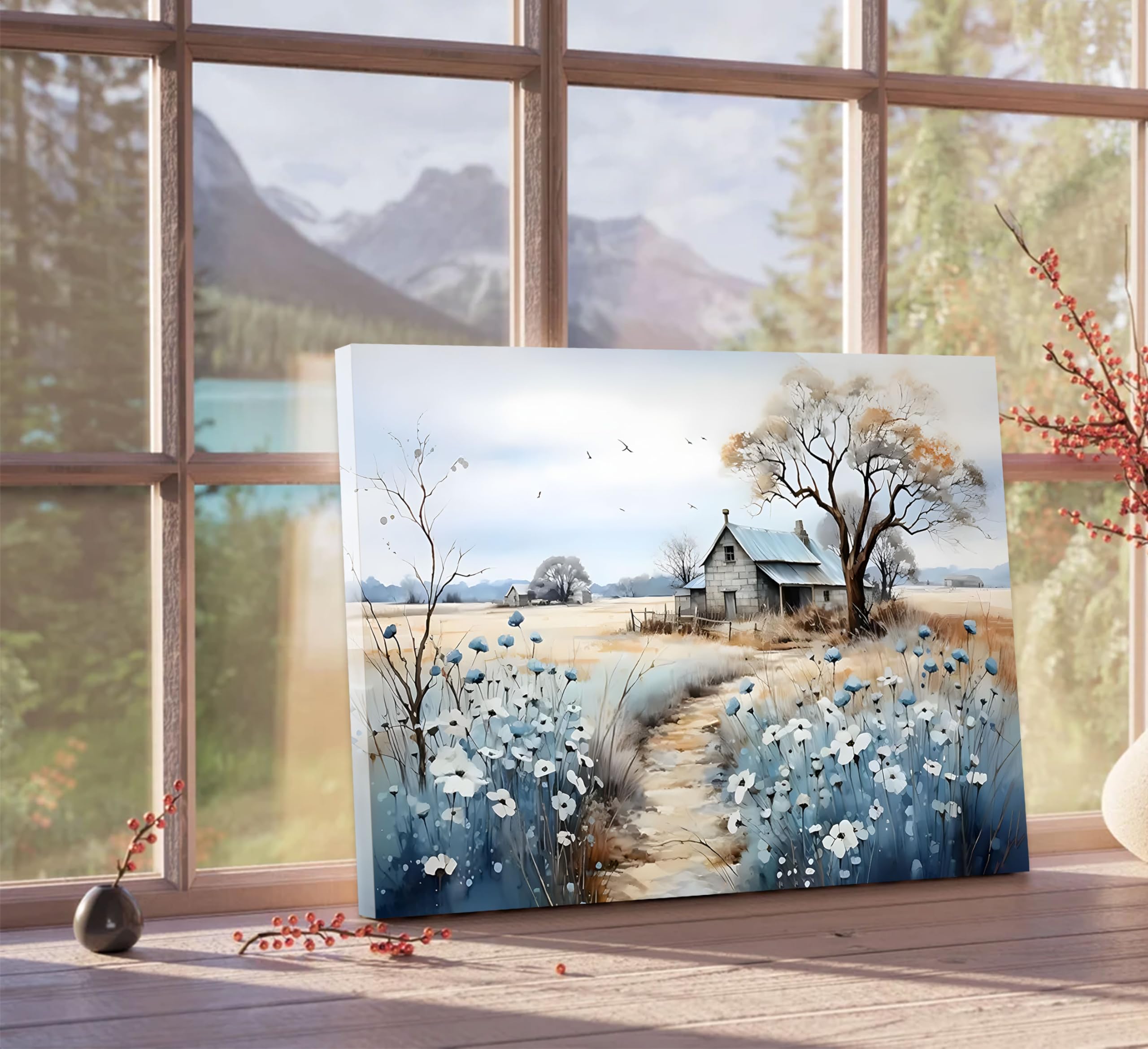 Framed Rustic Farmhouse Canvas Wall Art Beautiful Field Painting Wildflower Barn Print Nature Scenery Picture French Countryside