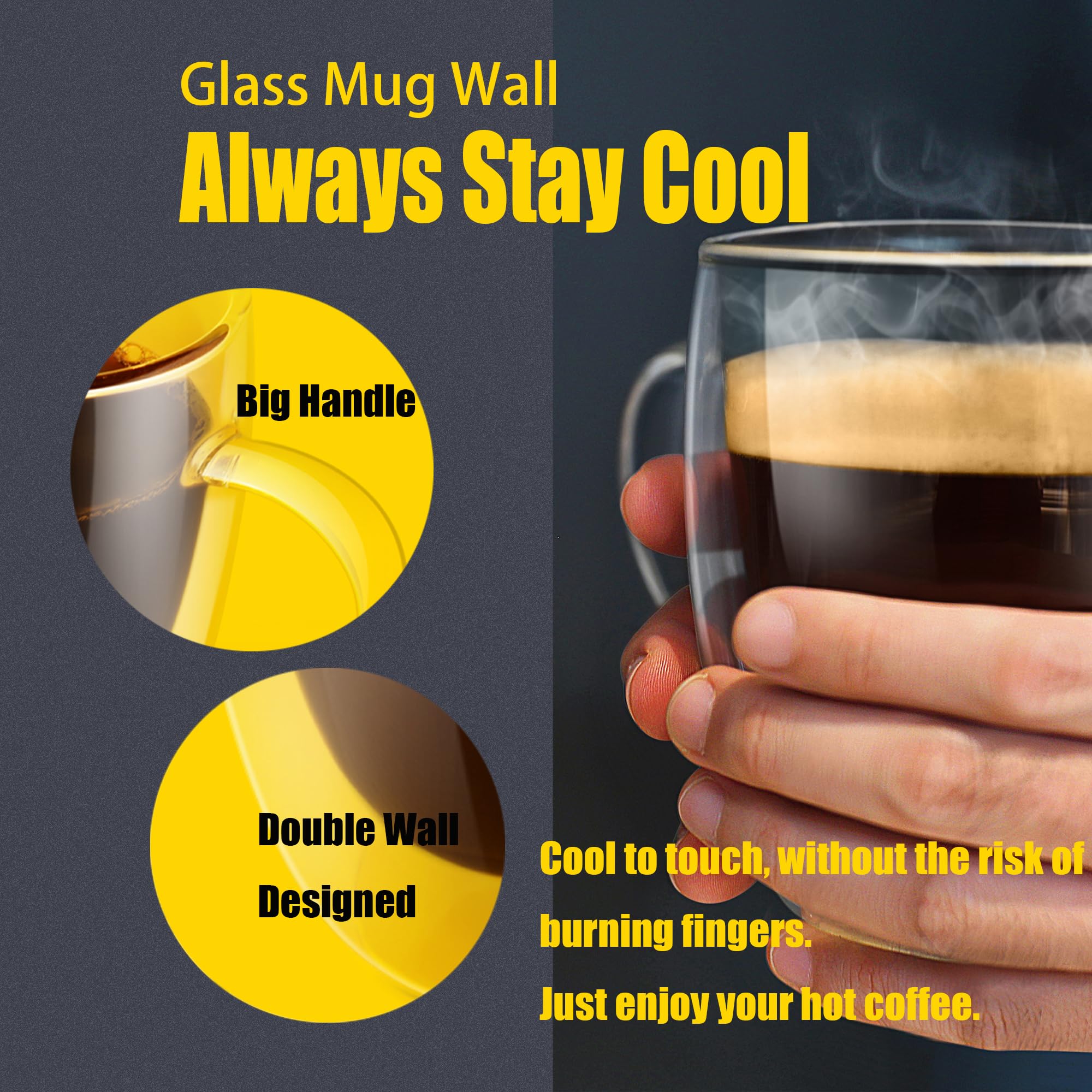 Punpun 16Oz.480Ml Coffee Glass Mugs Large Coffee Mugs, Coffee Cups Jumbo Mugs Double Wall Insulated Glass Mugs, Premium Glasses