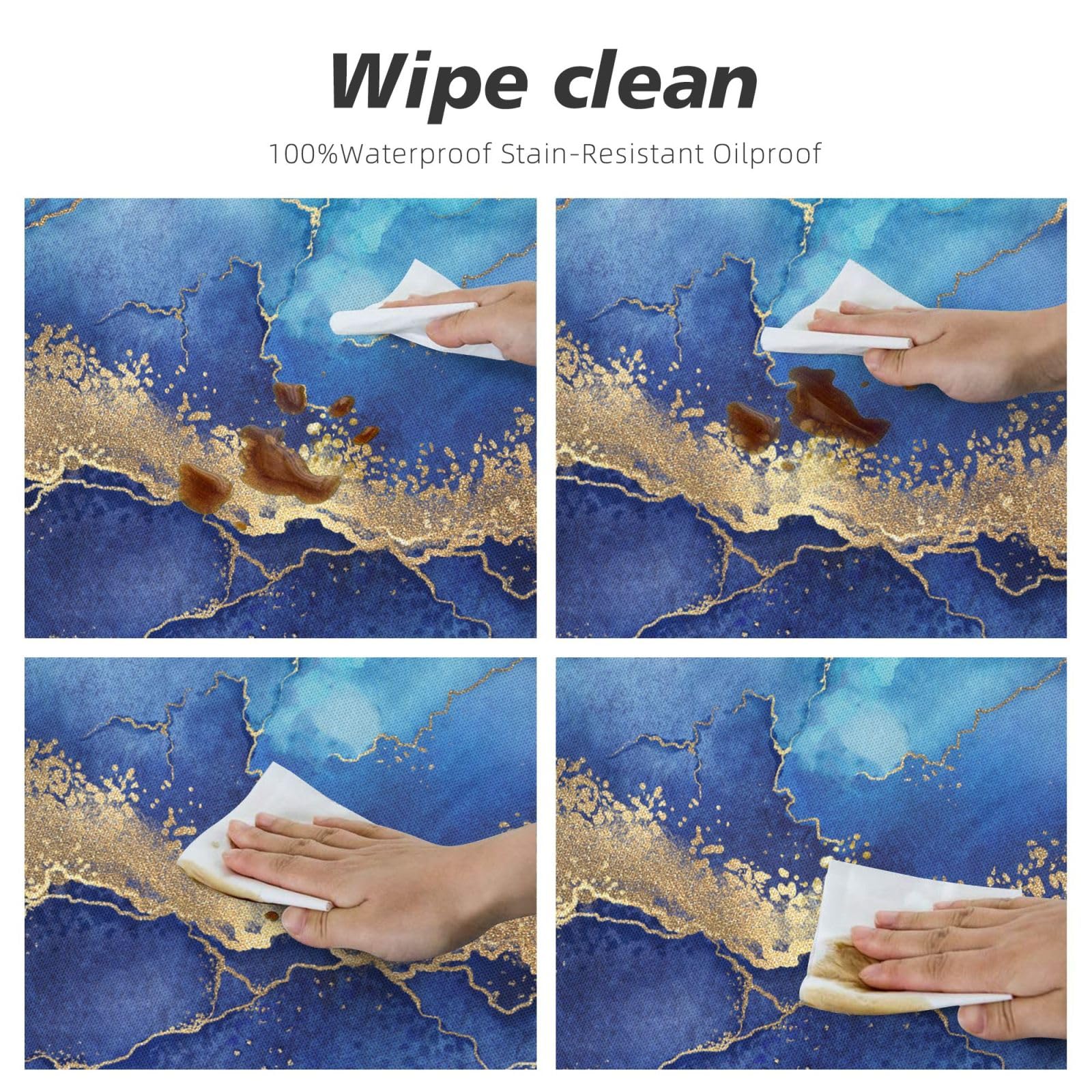 Fiokroo Blue Golden Marble Background Tablecloth With Elastic Edge, Round Table Cloth Washable Reusable Table Cover For Kitchen