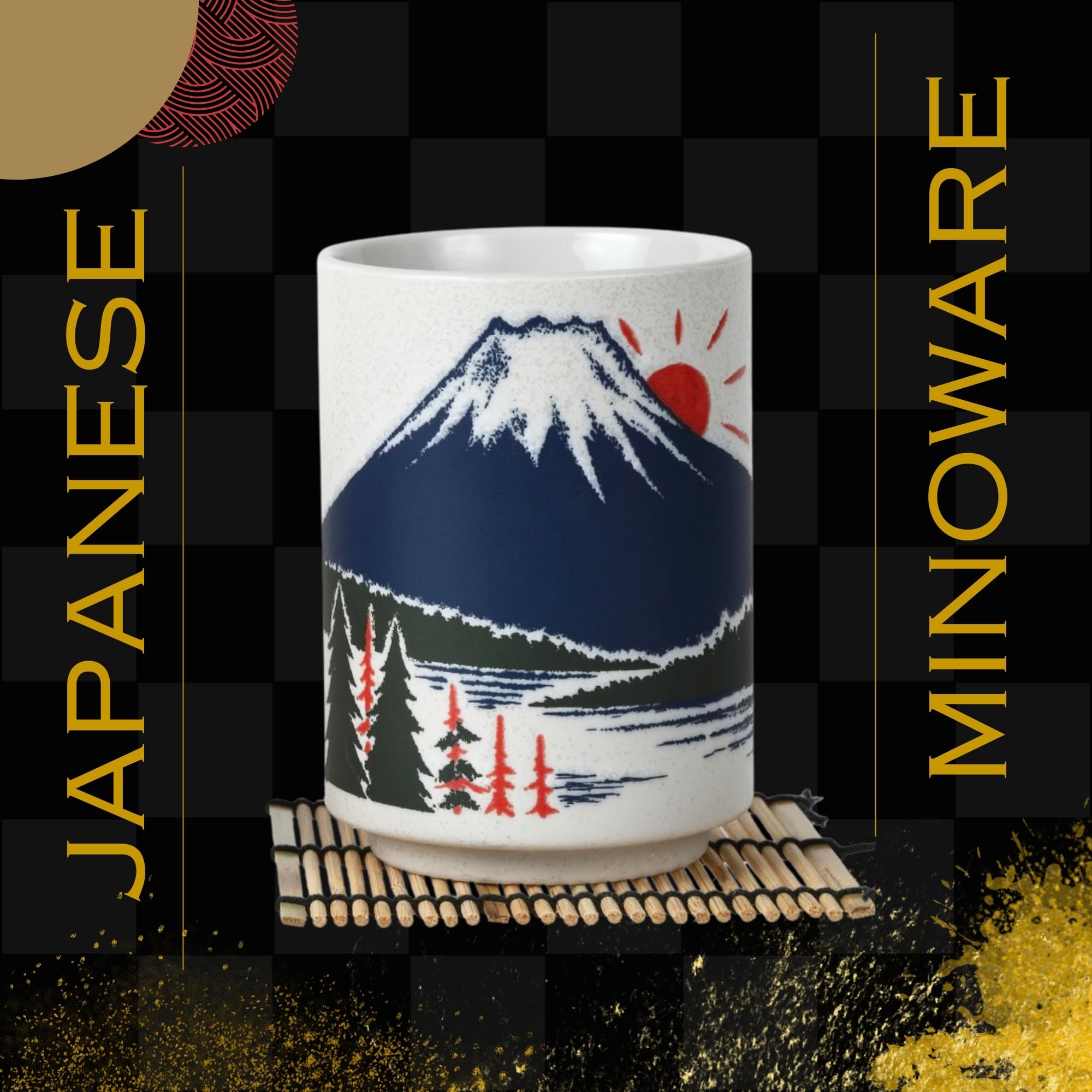 Love Love Japan Japanese Tea Cups Sushi-Yunomi Mino Ware With Bamboo Coaster (Set Of 2) (Mt. Fuji)